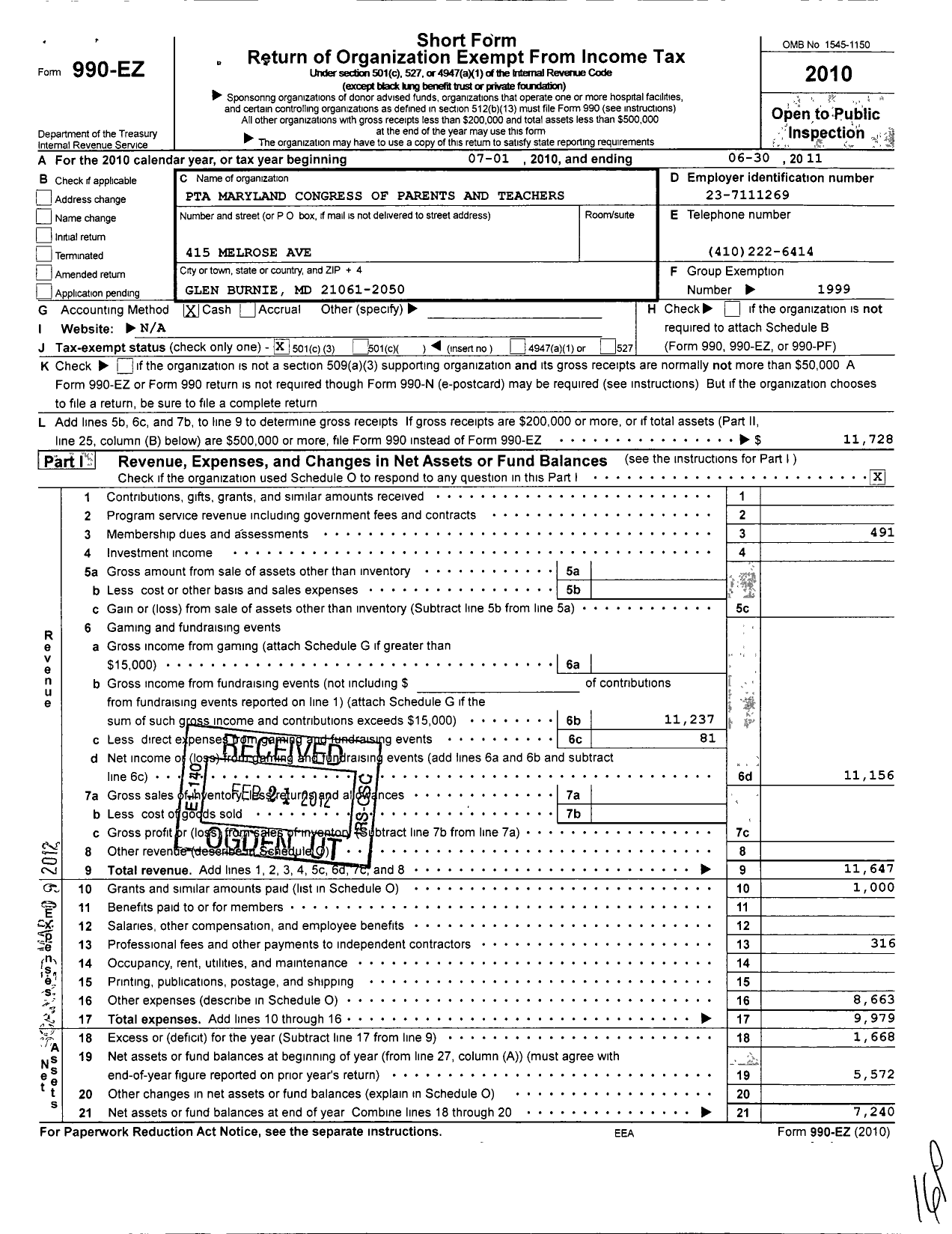 Image of first page of 2010 Form 990EZ for PTA Maryland Congress of Parent and Teachers / Hilltop Elementary