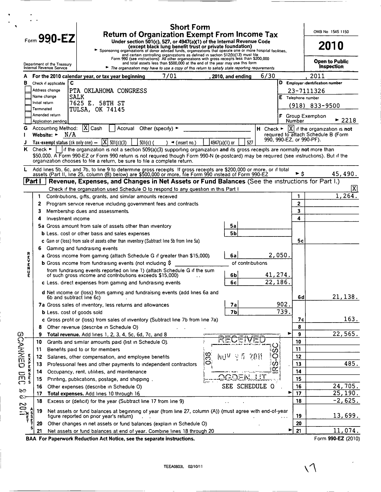 Image of first page of 2010 Form 990EZ for PTA Oklahoma Congress / Salk