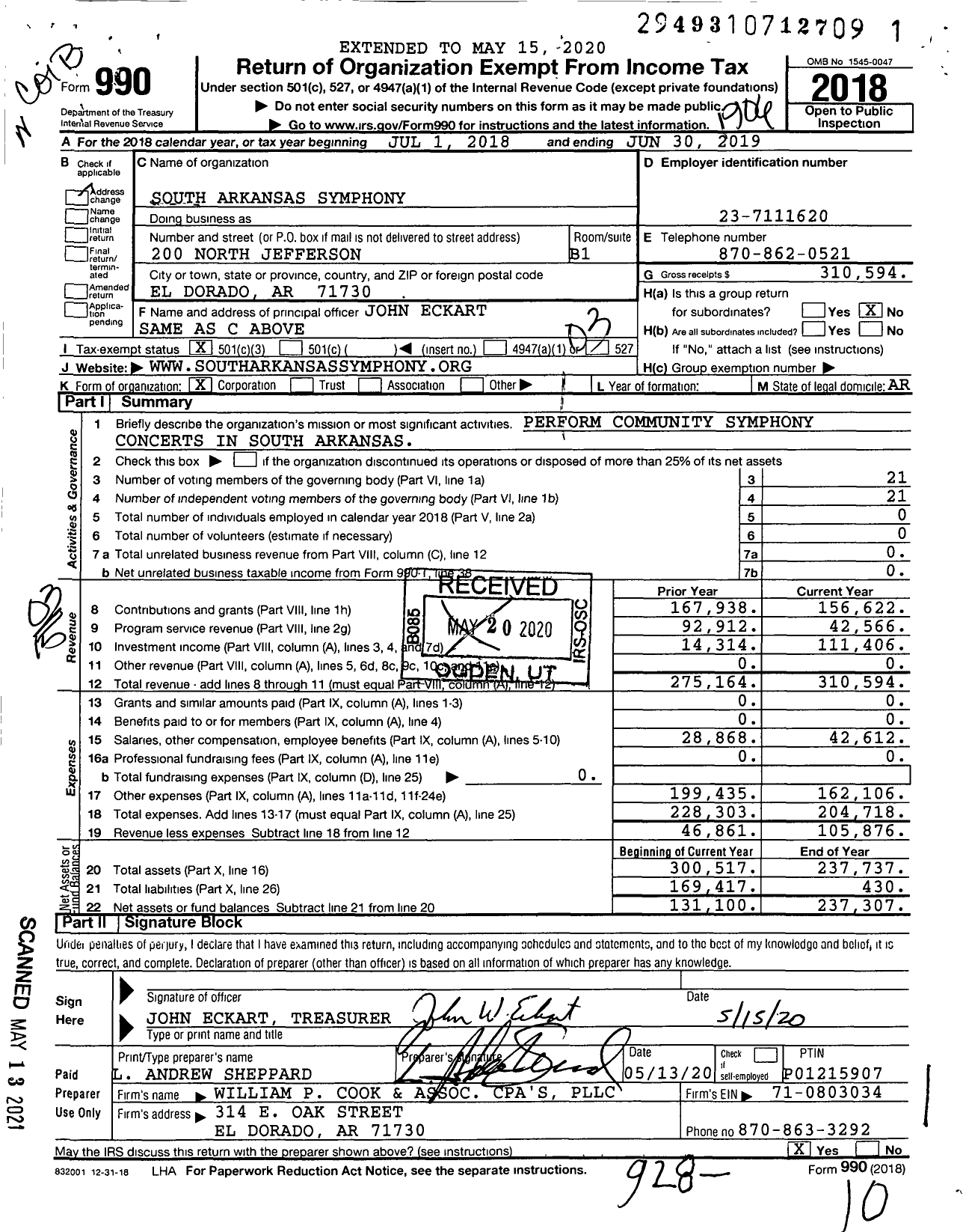 Image of first page of 2018 Form 990 for South Arkansas Symphony