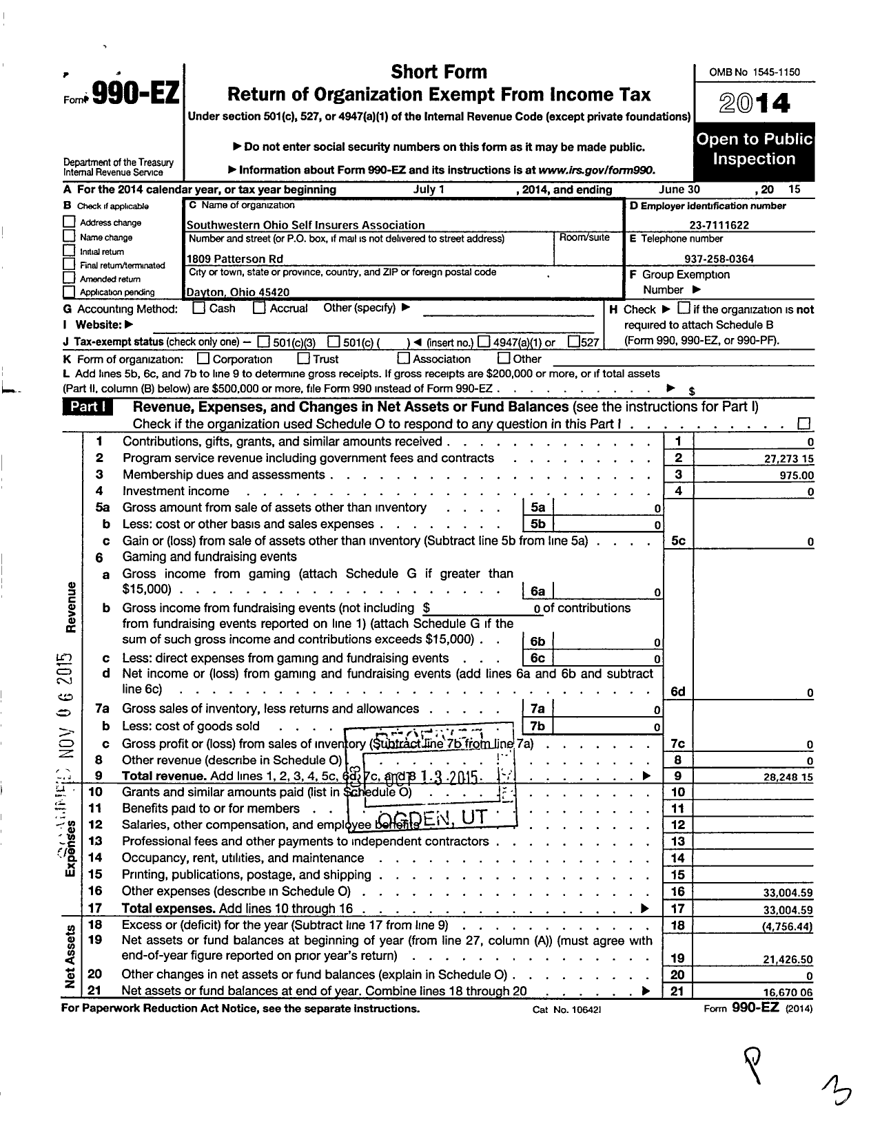 Image of first page of 2014 Form 990EO for Southwestern Ohio Self-Insurers Association