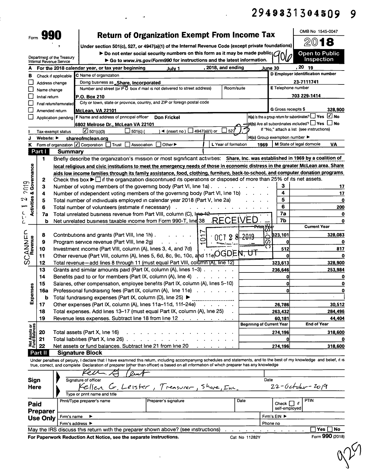 Image of first page of 2018 Form 990 for Share Incorporated