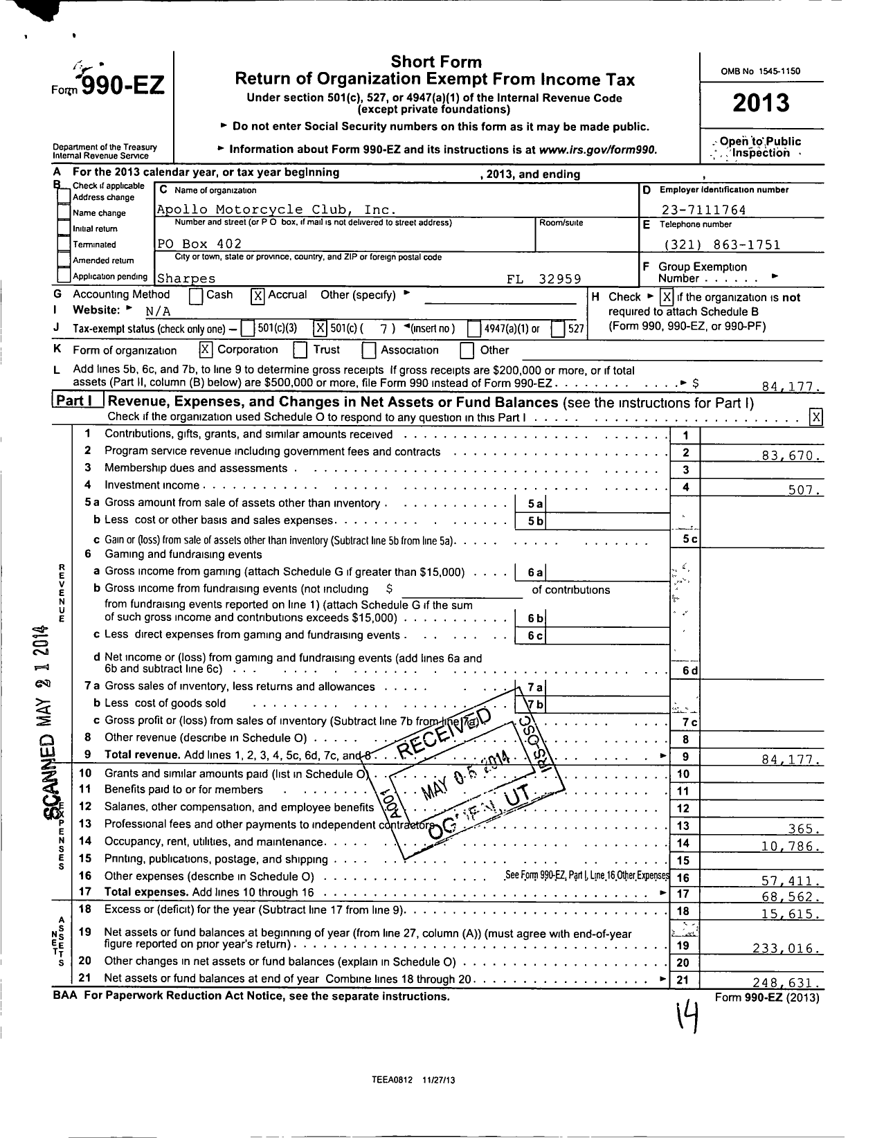 Image of first page of 2013 Form 990EO for Apollo Motorcycle Club