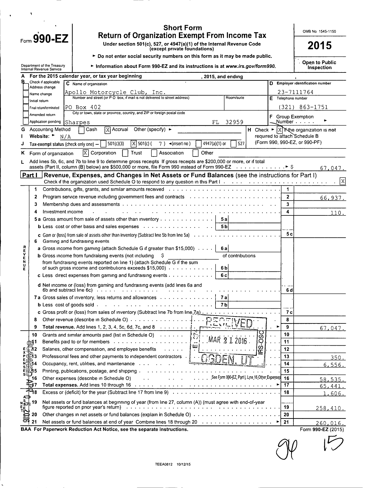 Image of first page of 2015 Form 990EO for Apollo Motorcycle Club