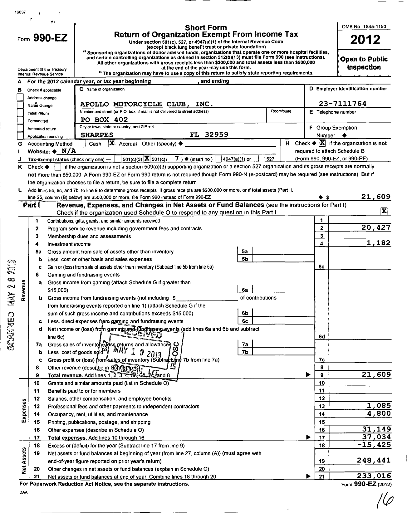 Image of first page of 2012 Form 990EO for Apollo Motorcycle Club