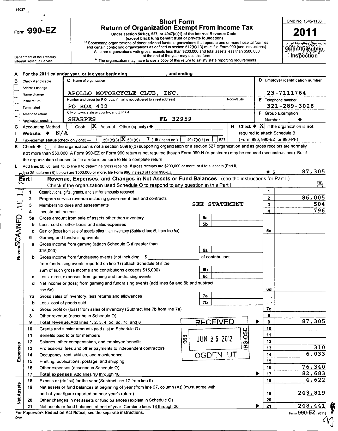 Image of first page of 2011 Form 990EO for Apollo Motorcycle Club