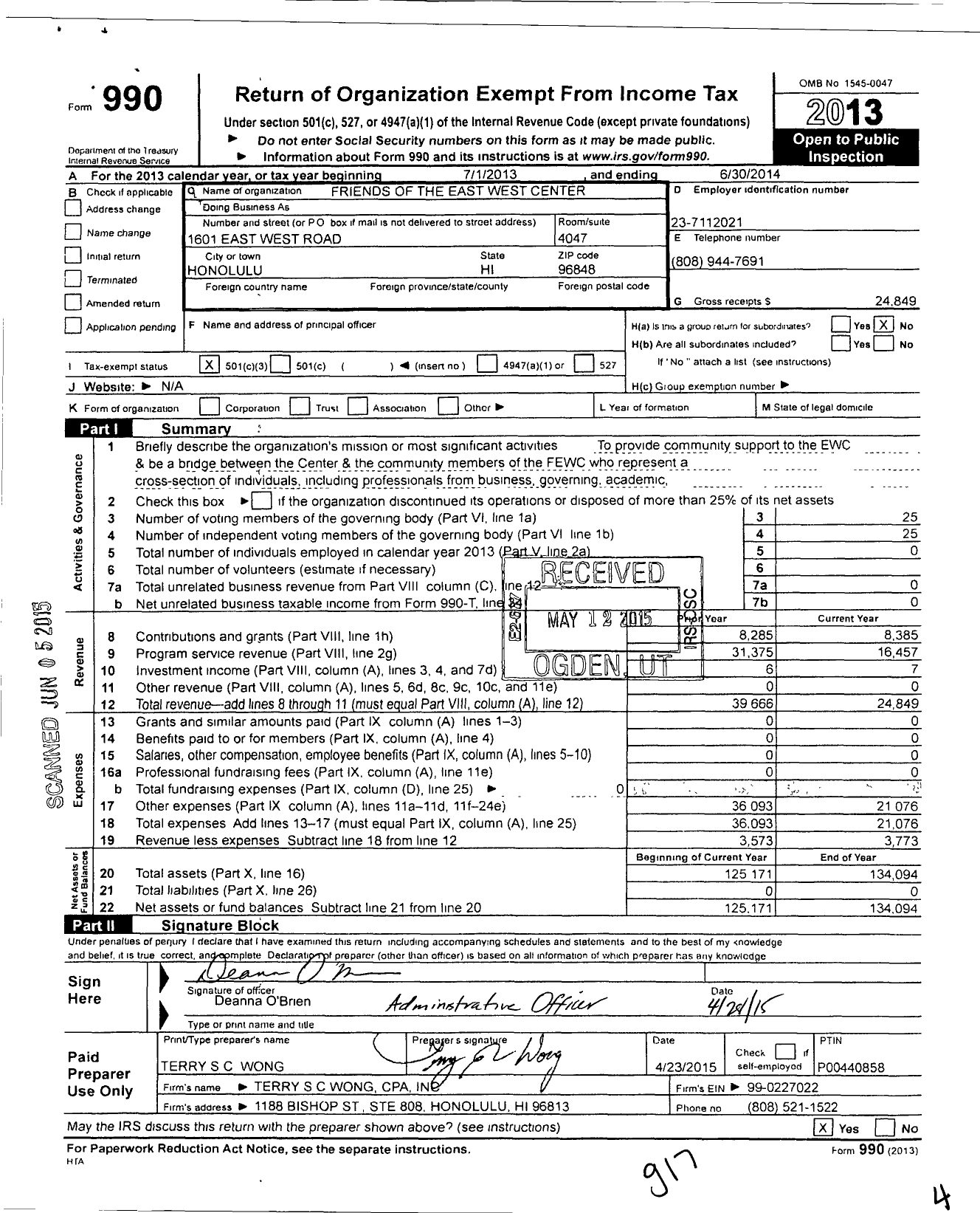Image of first page of 2013 Form 990 for Friends of the East West Center