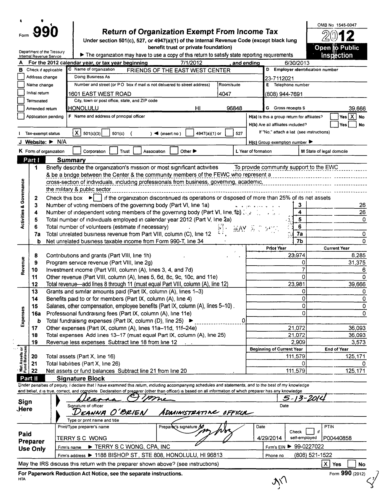 Image of first page of 2012 Form 990 for Friends of the East West Center