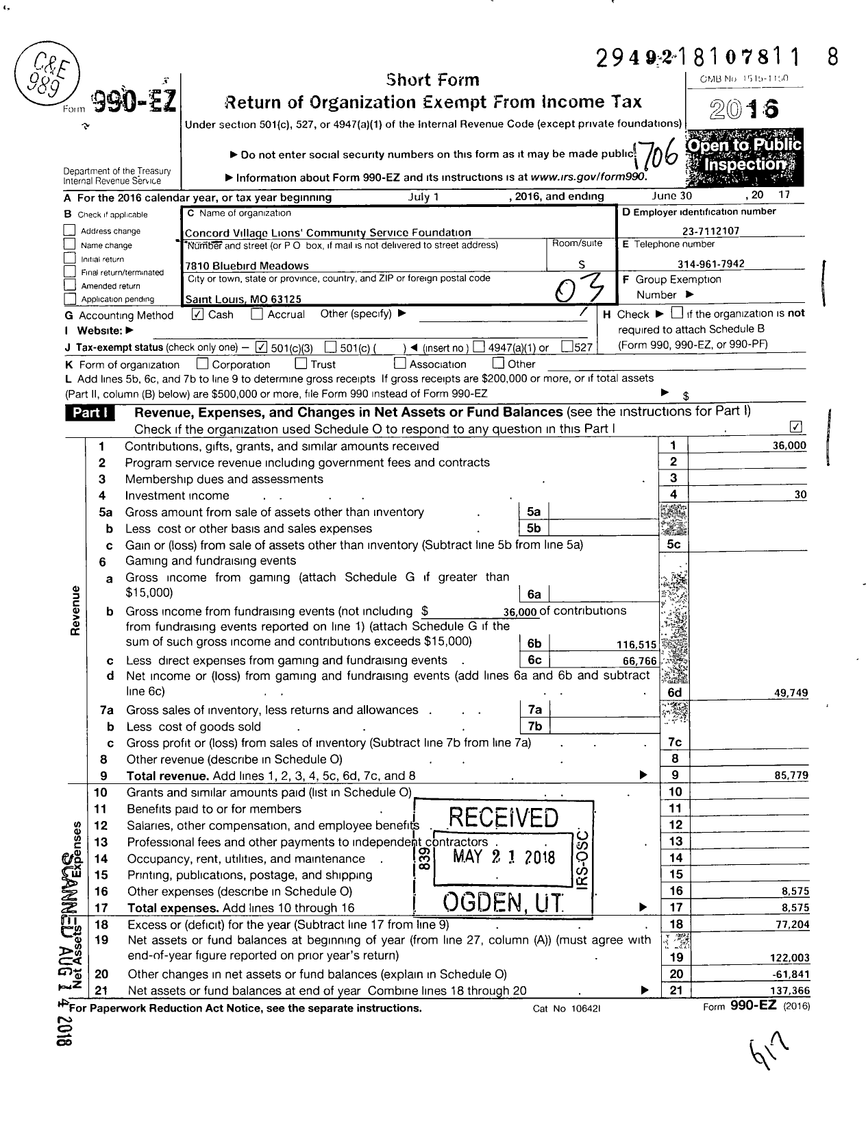 Image of first page of 2016 Form 990EZ for Concord Village Lions Community Better Foundation