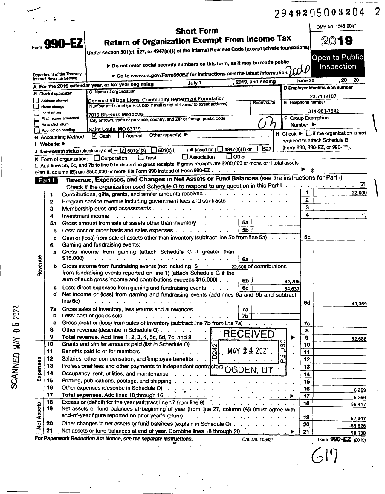 Image of first page of 2019 Form 990EZ for Concord Village Lions Community Better Foundation