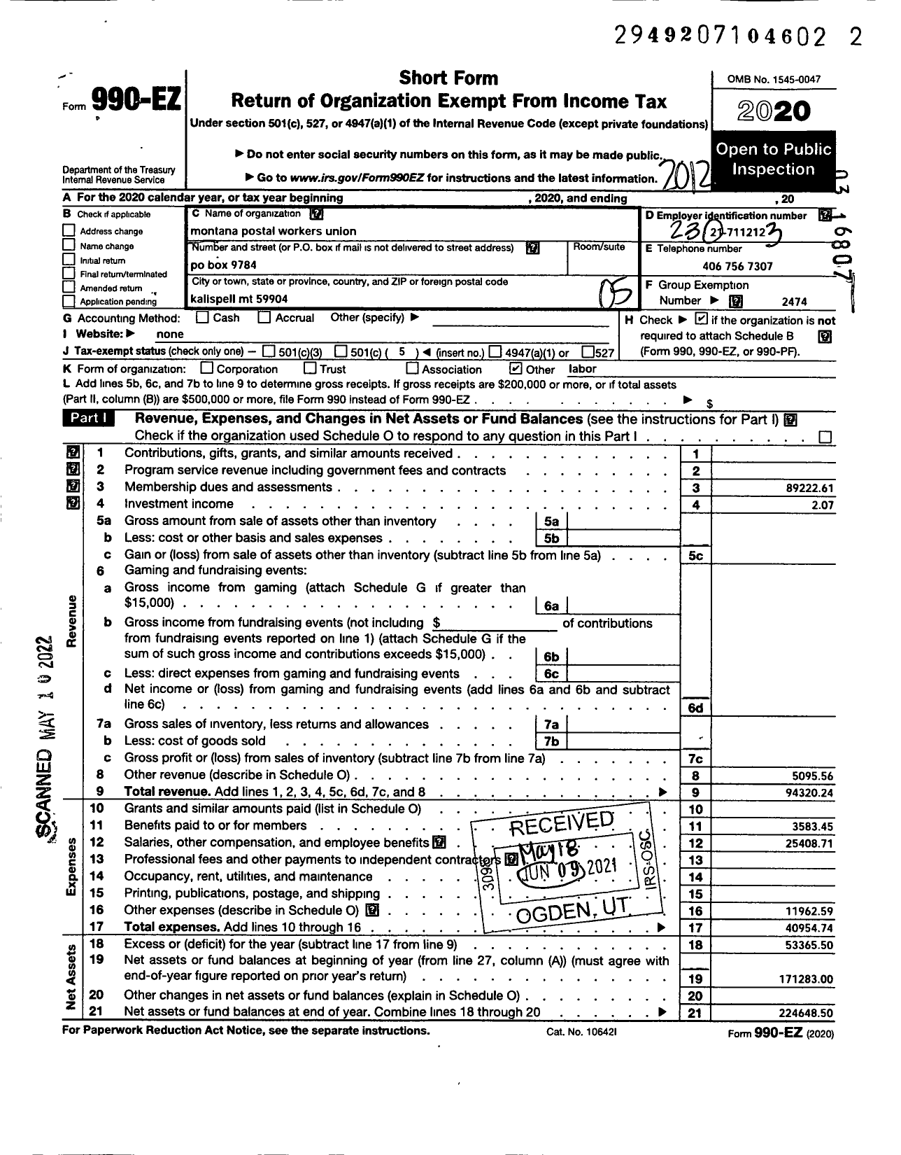 Image of first page of 2020 Form 990EO for Montana Postal Workers Union