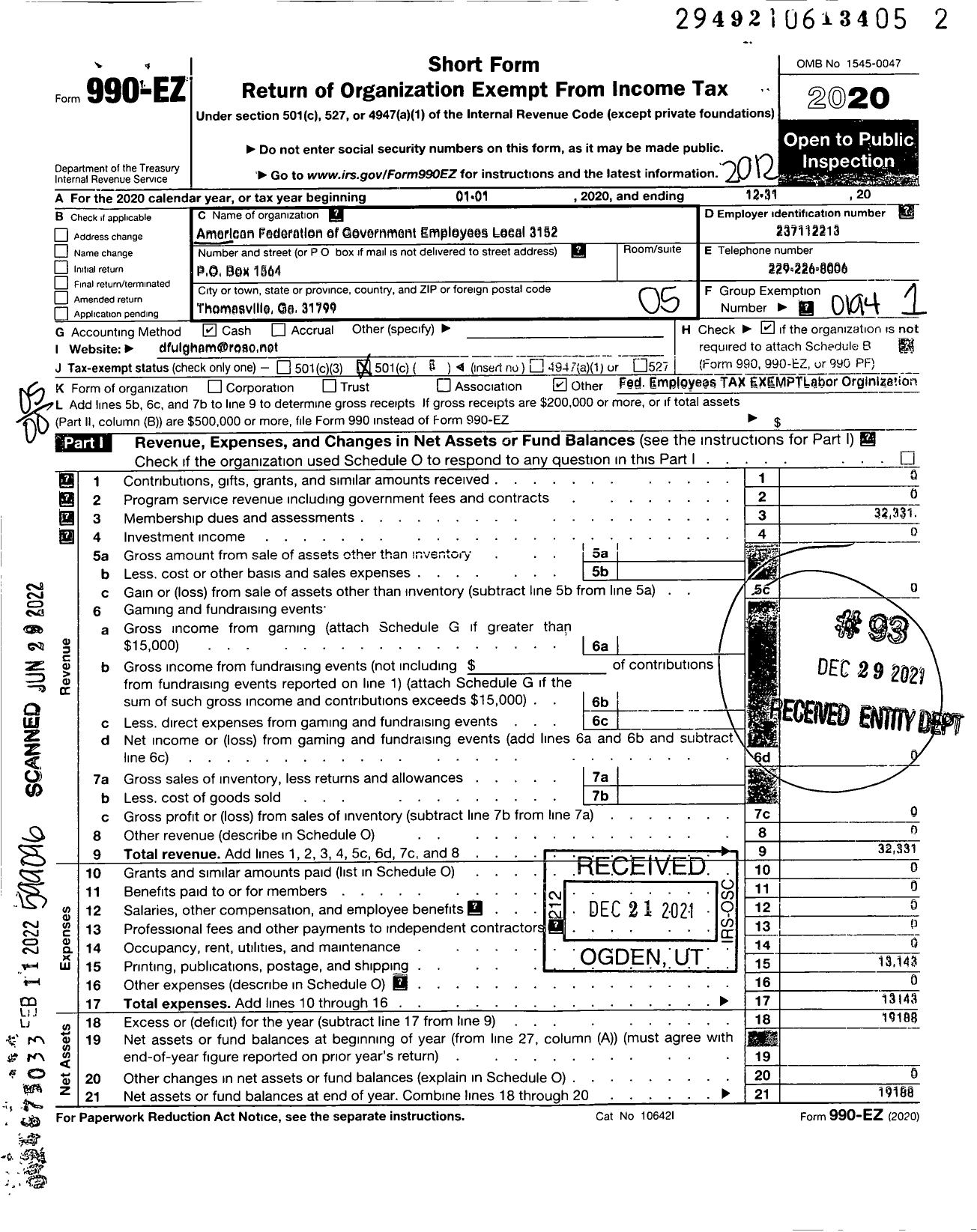 Image of first page of 2020 Form 990EO for American Federation of Government Employees - 3152 Afge-Usda Local