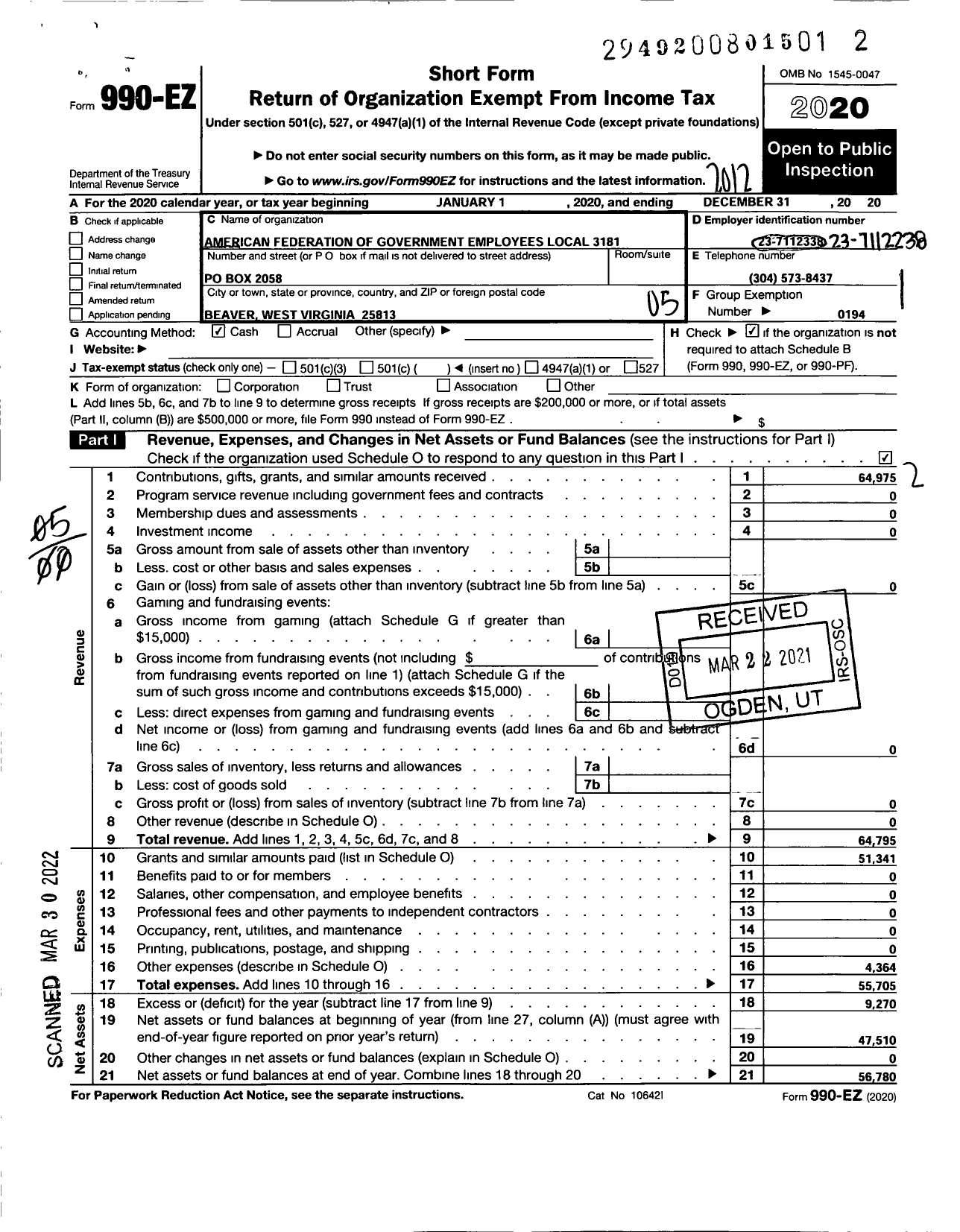 Image of first page of 2020 Form 990EO for American Federation of Government Employees - 3181 Afge Local