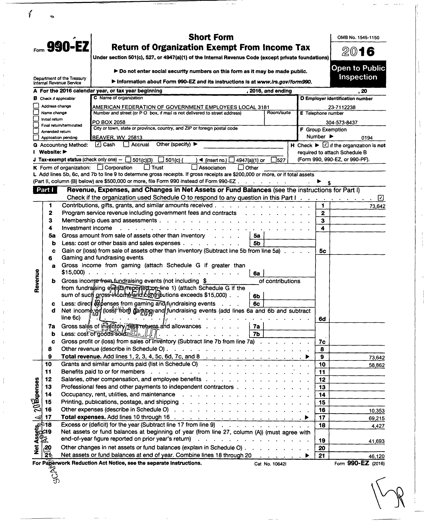 Image of first page of 2016 Form 990EO for American Federation of Government Employees - 3181 Afge Local