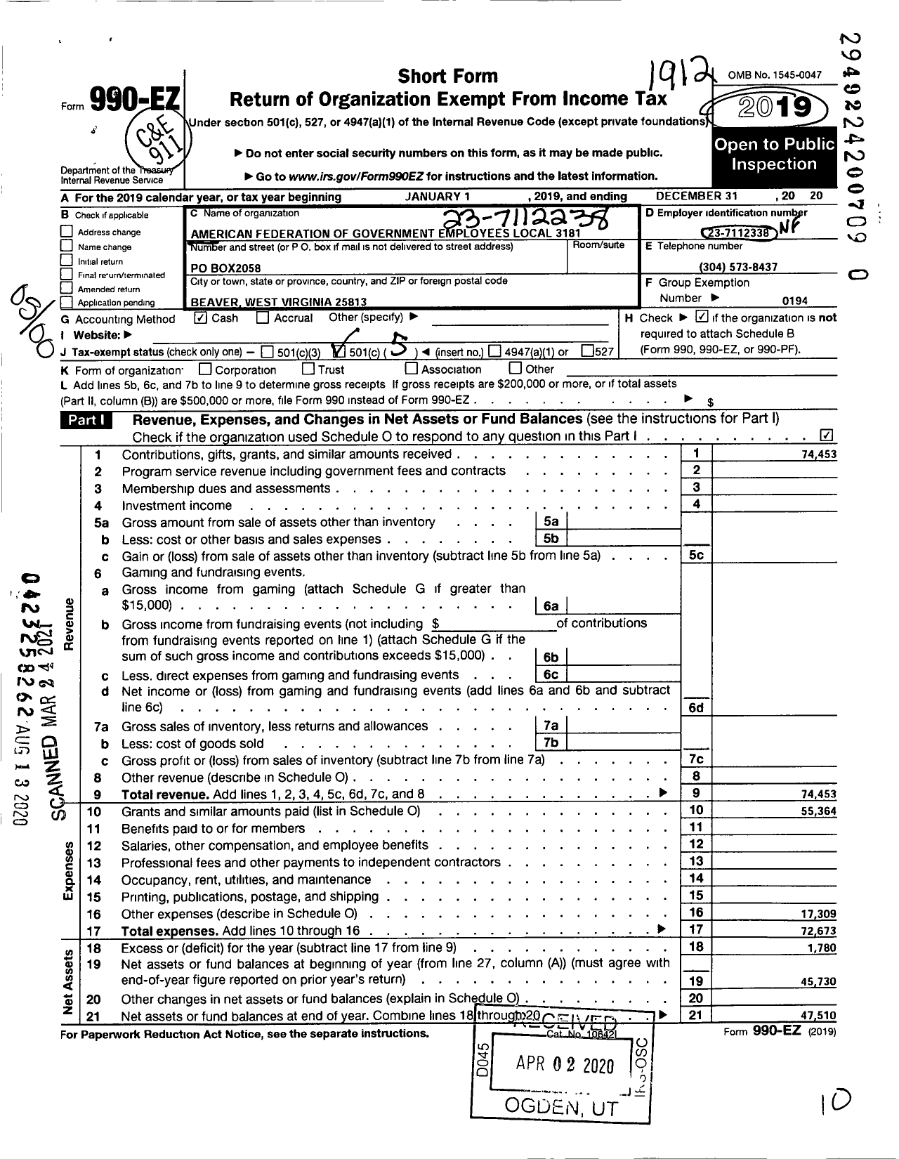 Image of first page of 2019 Form 990EO for American Federation of Government Employees - 3181 Afge Local