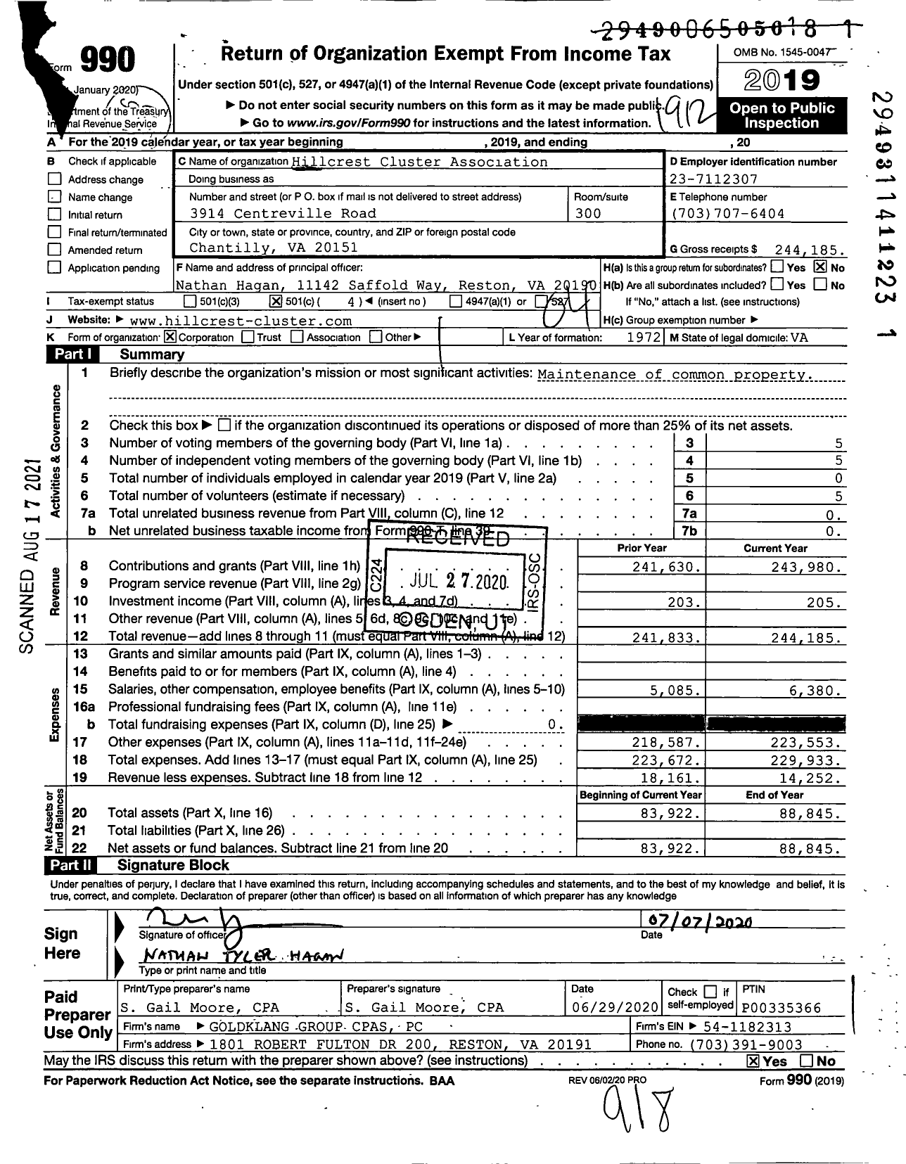 Image of first page of 2019 Form 990O for Hillcrest Cluster Association