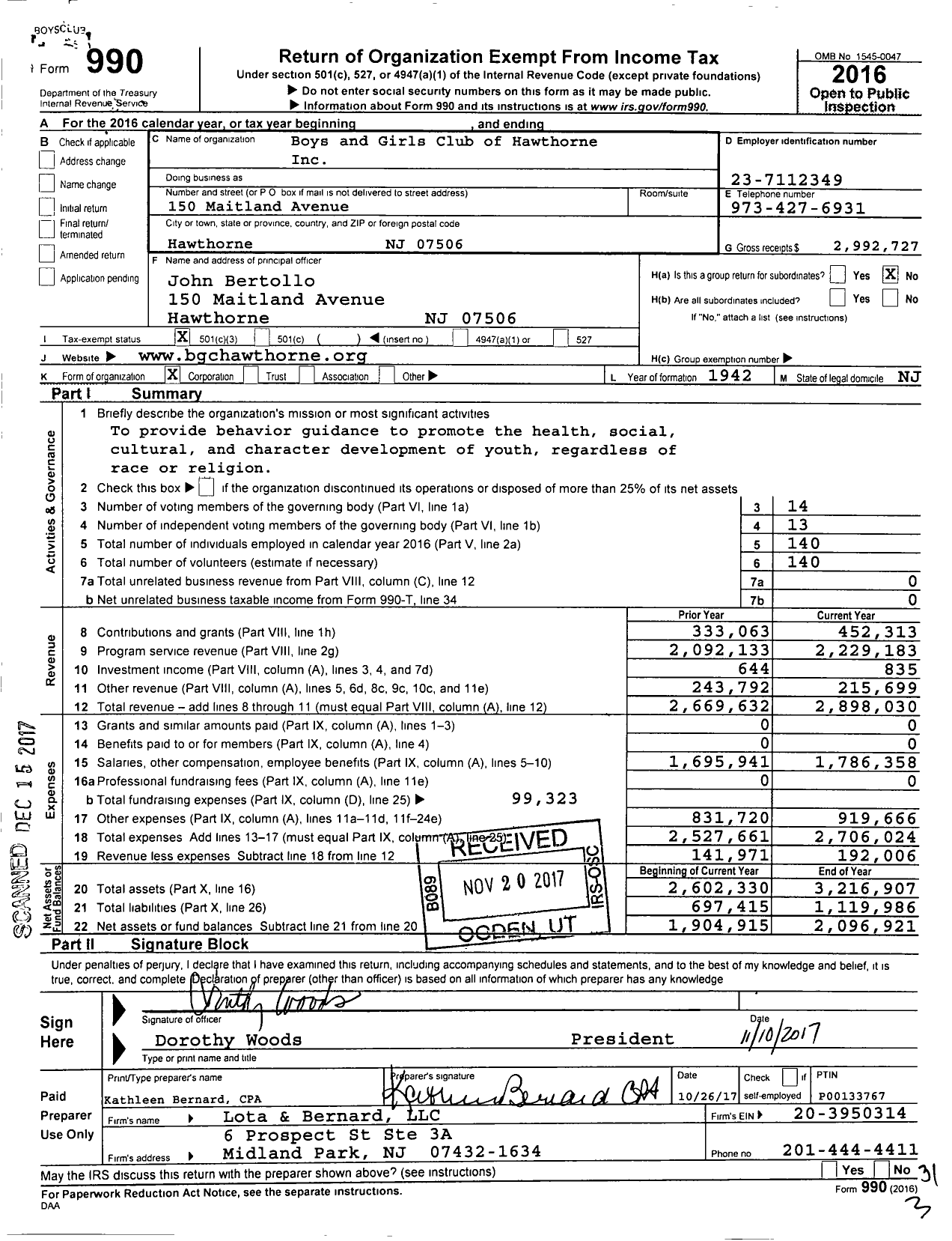 Image of first page of 2016 Form 990 for Boys and Girls Club of Hawthorne