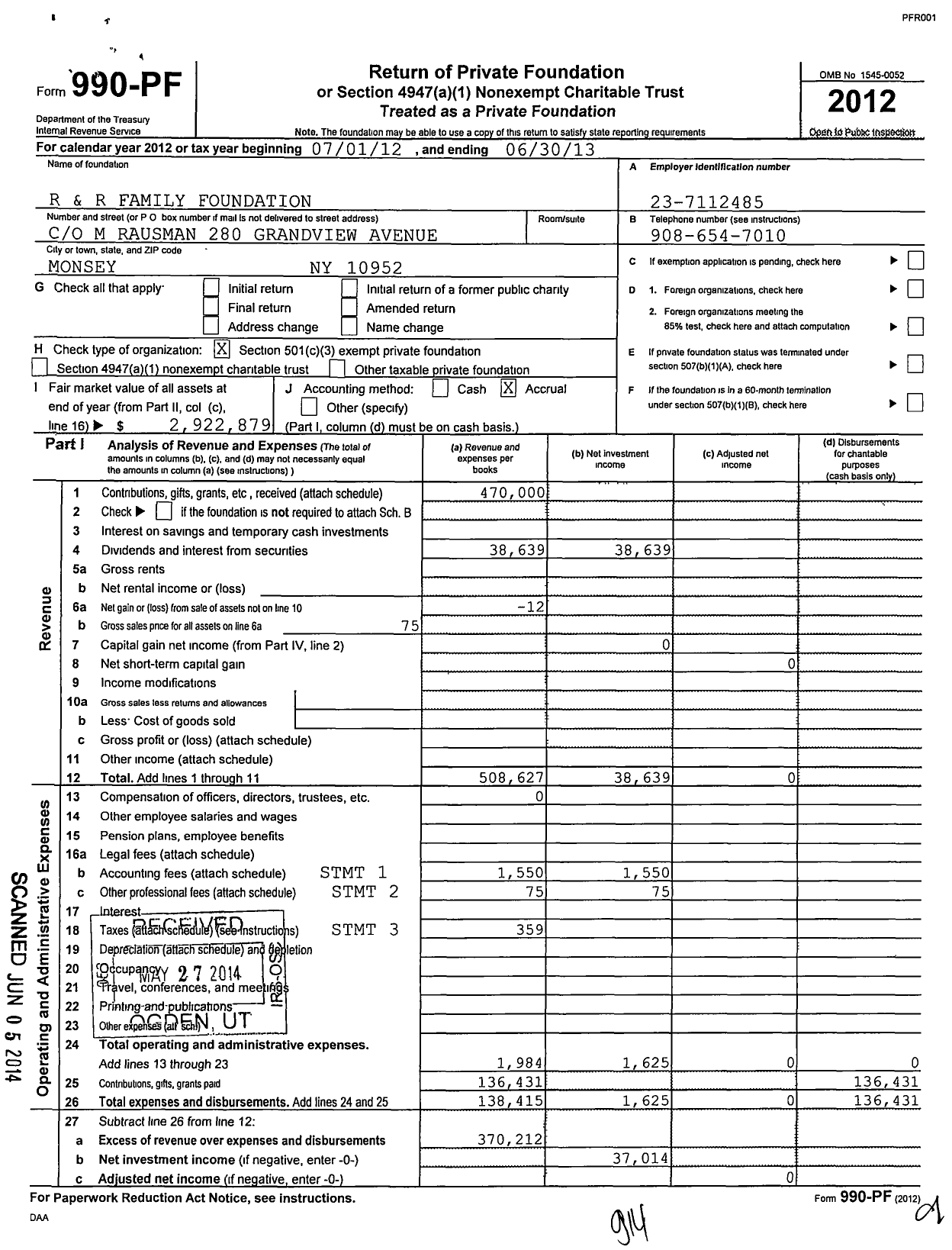 Image of first page of 2012 Form 990PF for R and R Family Foundation