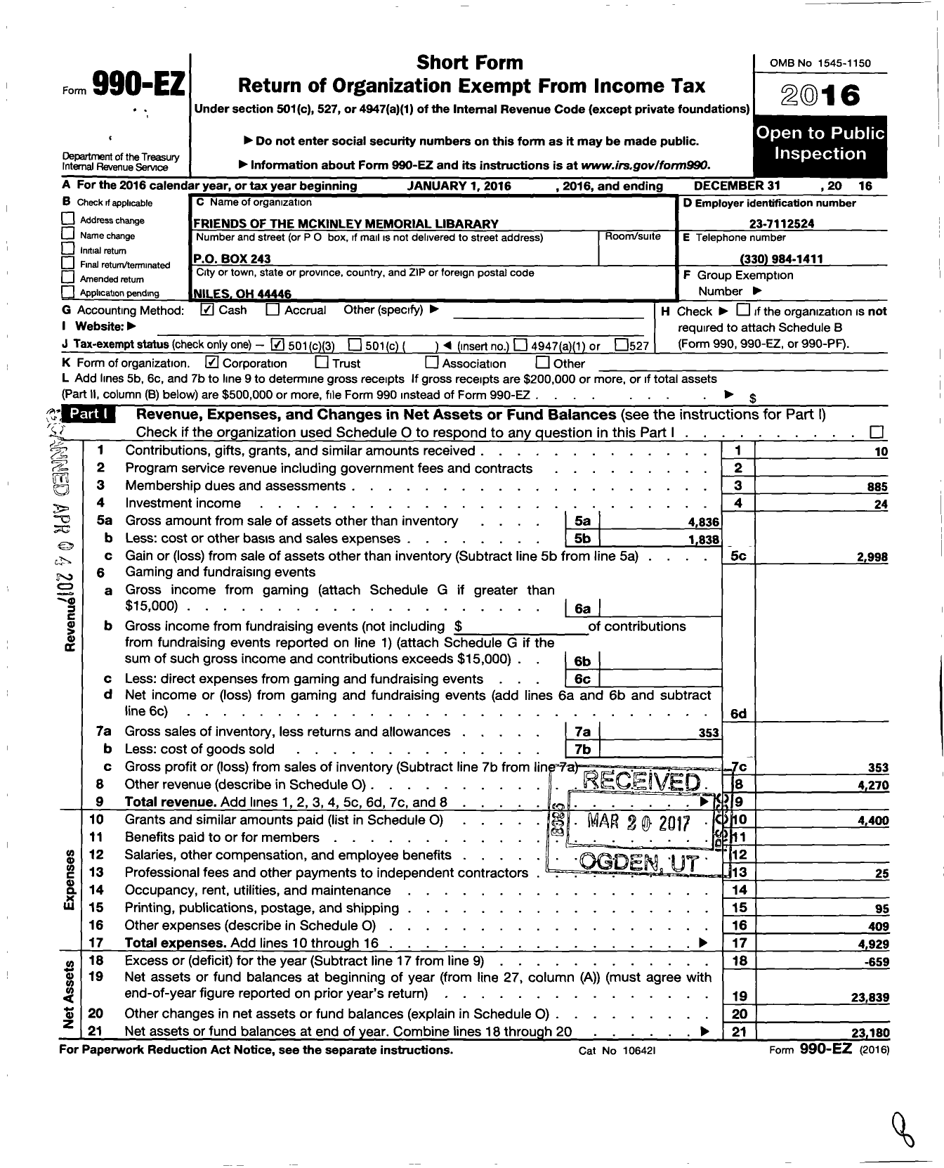 Image of first page of 2016 Form 990EZ for Friends of the Mckinley Memorial Library and Museum