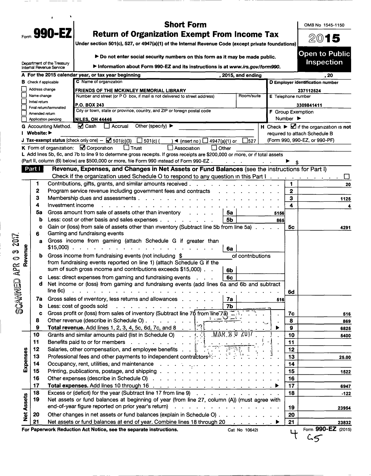 Image of first page of 2015 Form 990EZ for Friends of the Mckinley Memorial Library and Museum