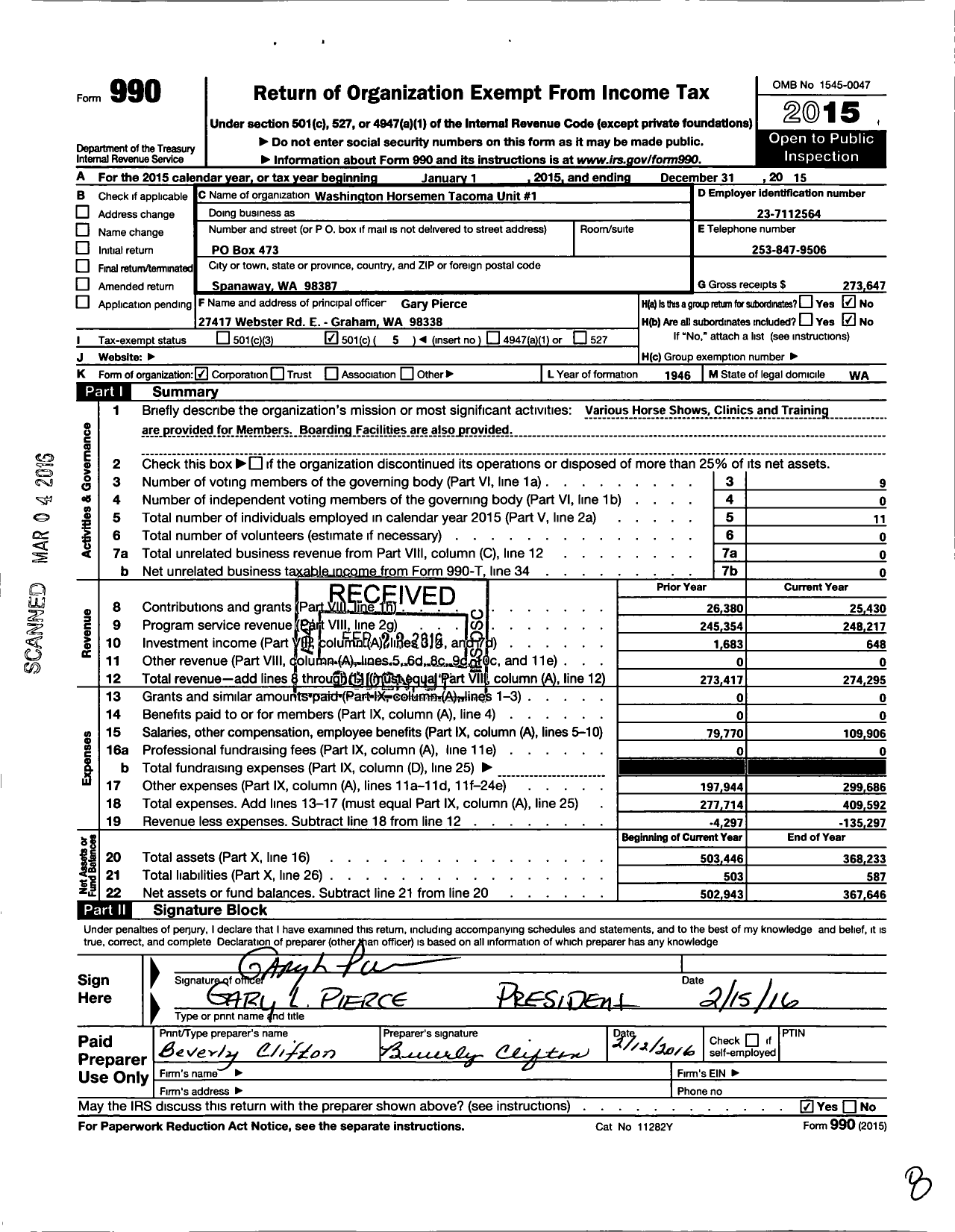 Image of first page of 2015 Form 990O for Washington Horsemen Tacoma Unit 1