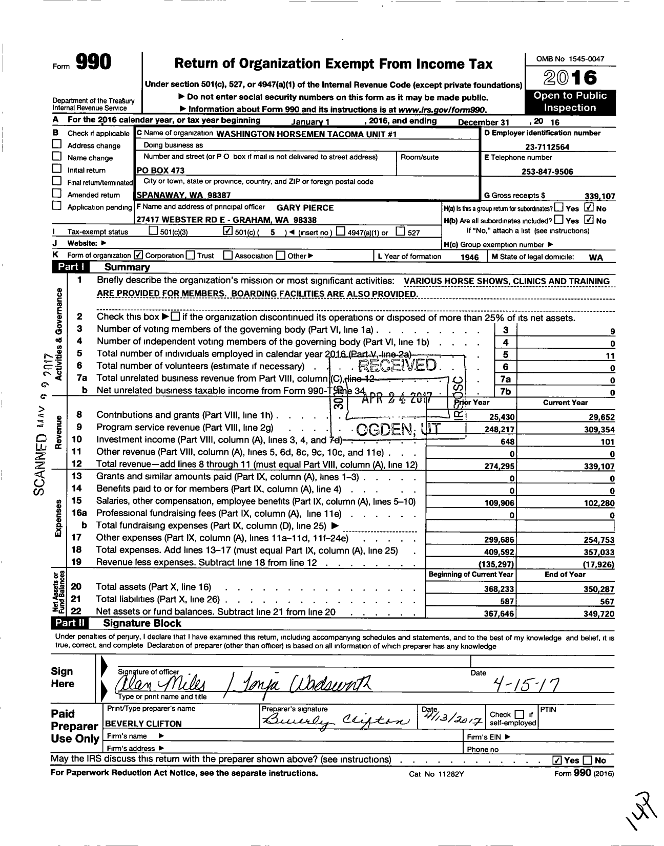 Image of first page of 2016 Form 990O for Washington Horsemen Tacoma Unit 1