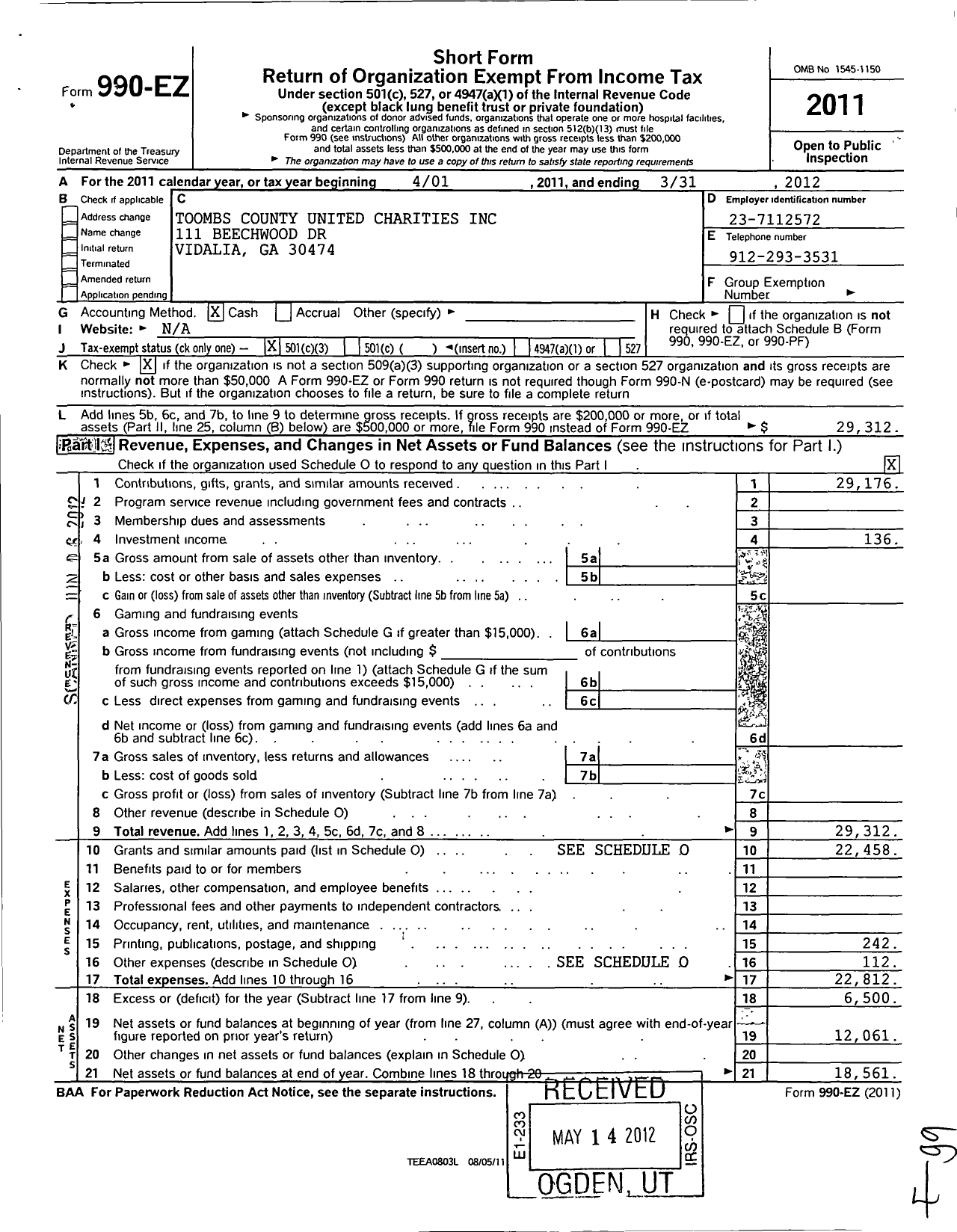 Image of first page of 2011 Form 990EZ for Toombs County United Charities Term