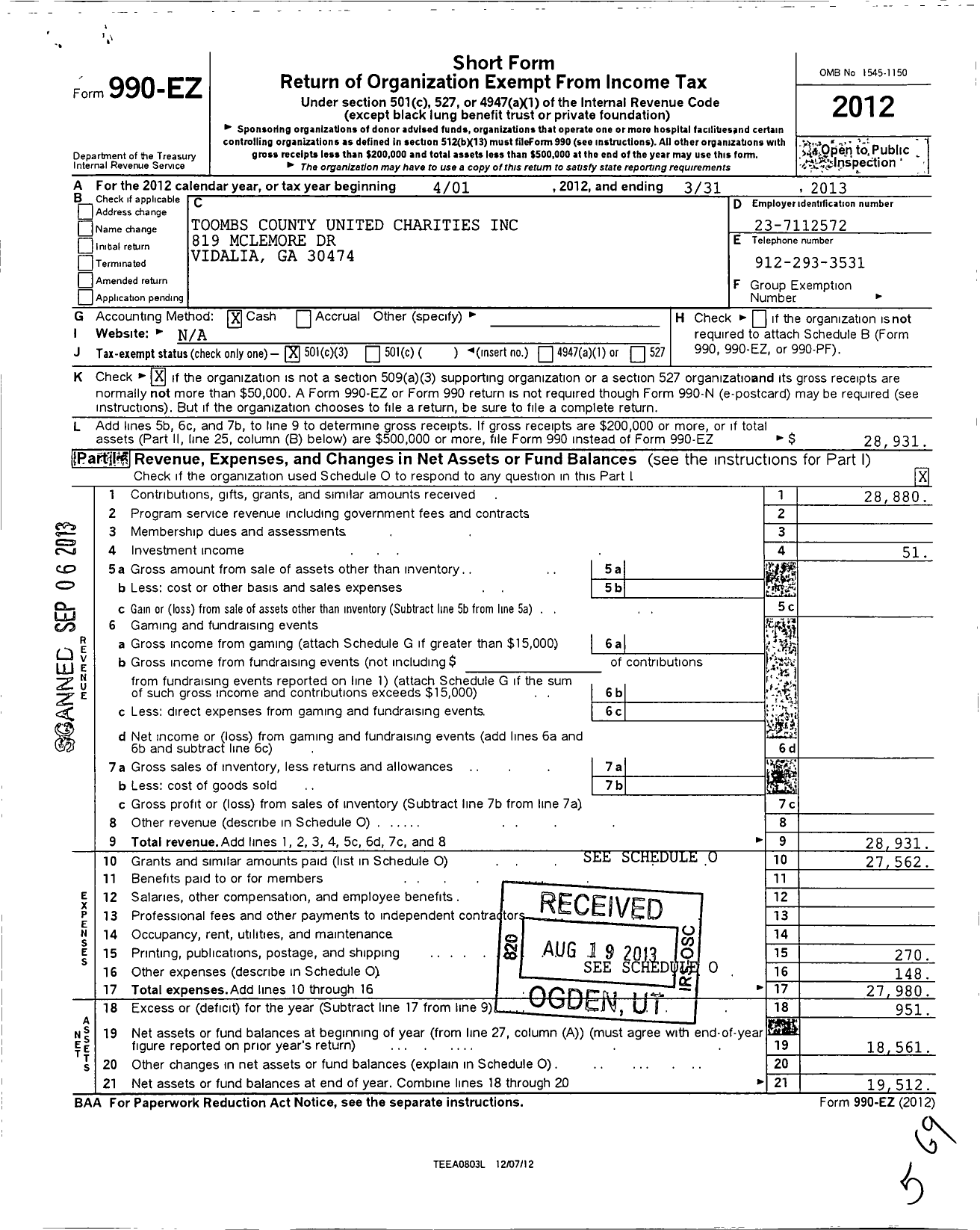 Image of first page of 2012 Form 990EZ for Toombs County United Charities Term