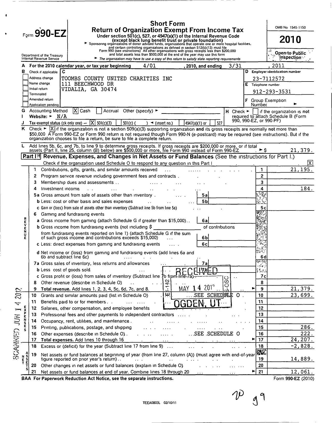 Image of first page of 2010 Form 990EZ for Toombs County United Charities Term