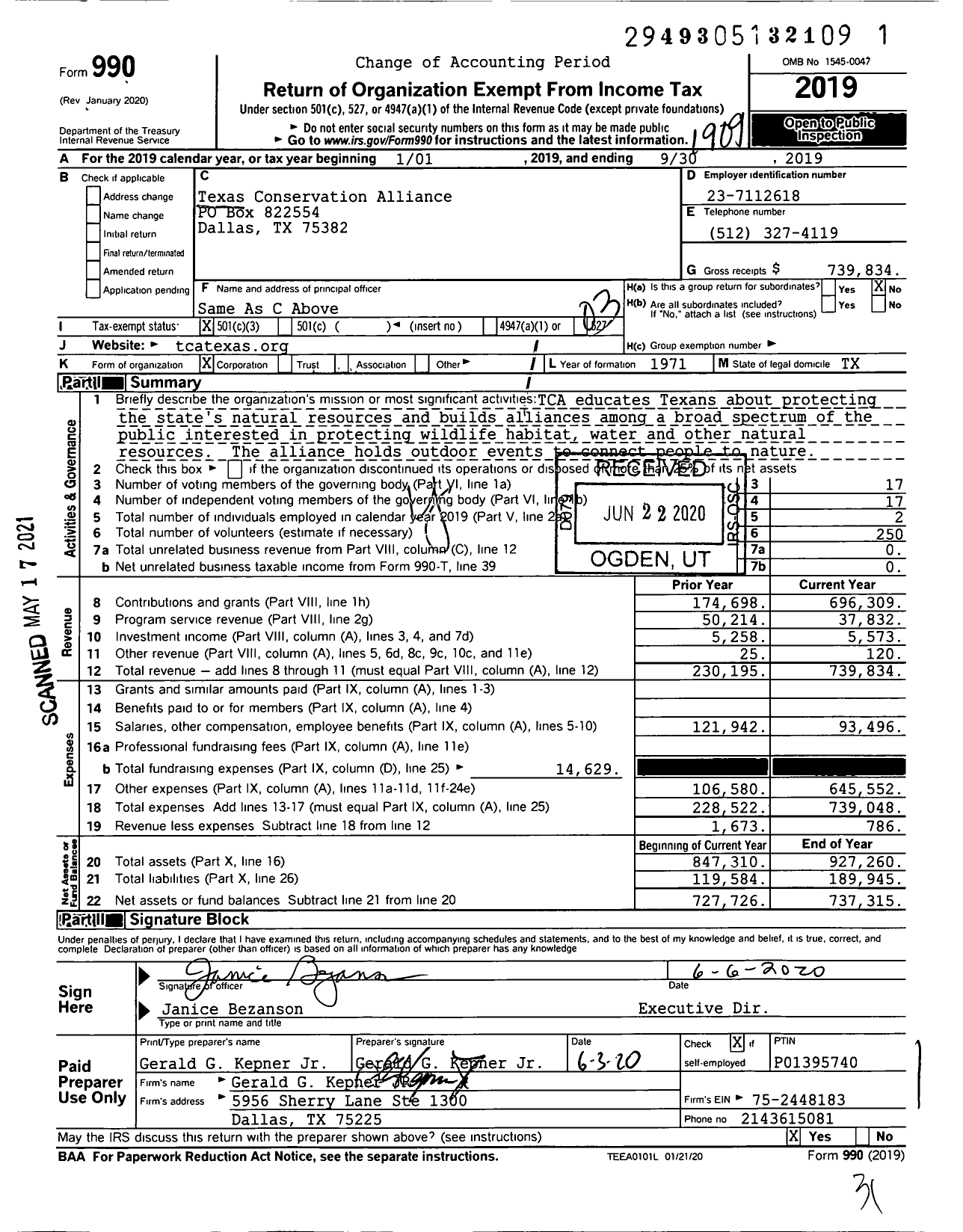 Image of first page of 2018 Form 990 for Texas Conservation Alliance