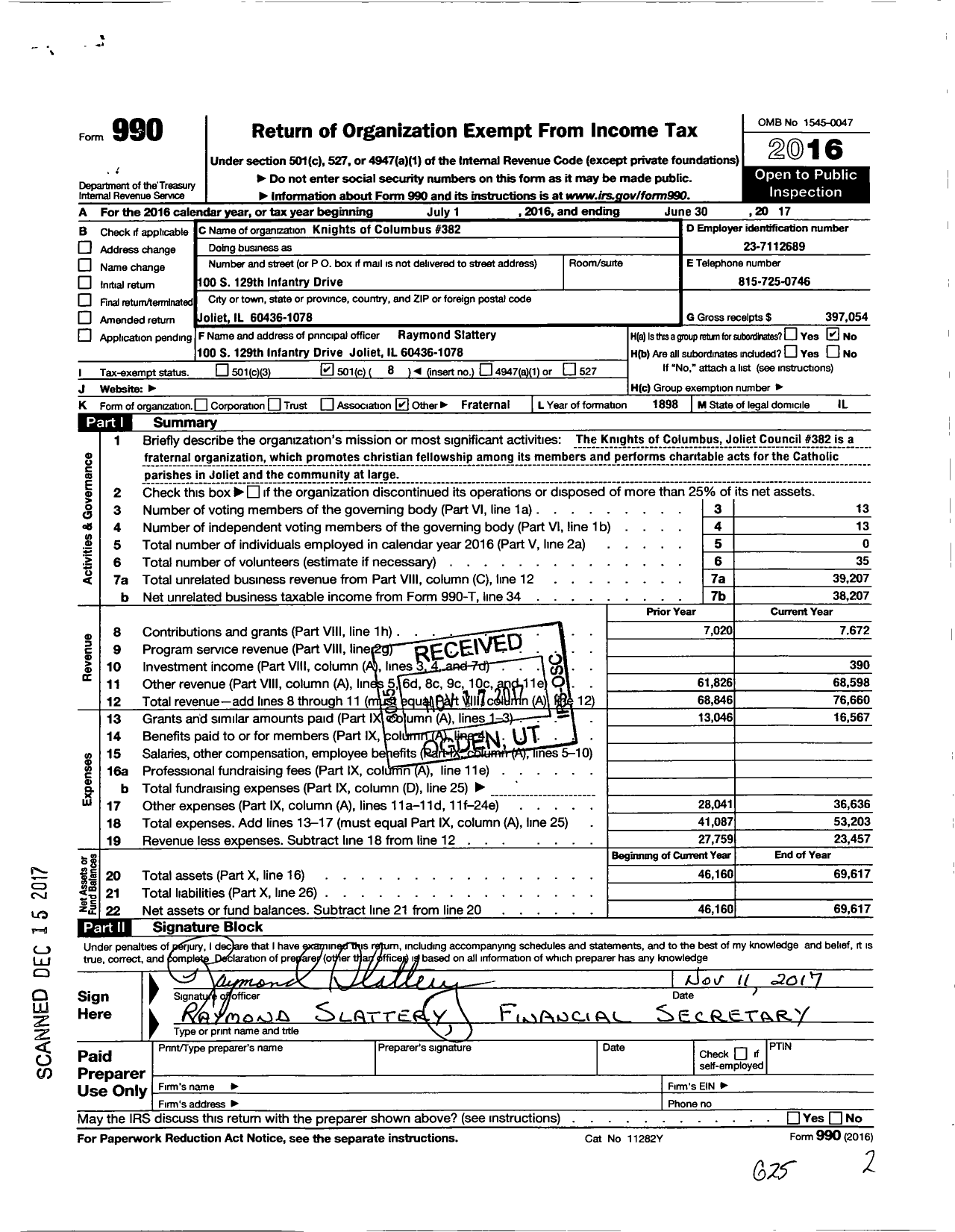 Image of first page of 2016 Form 990O for Knights of Columbus 382 Joliet