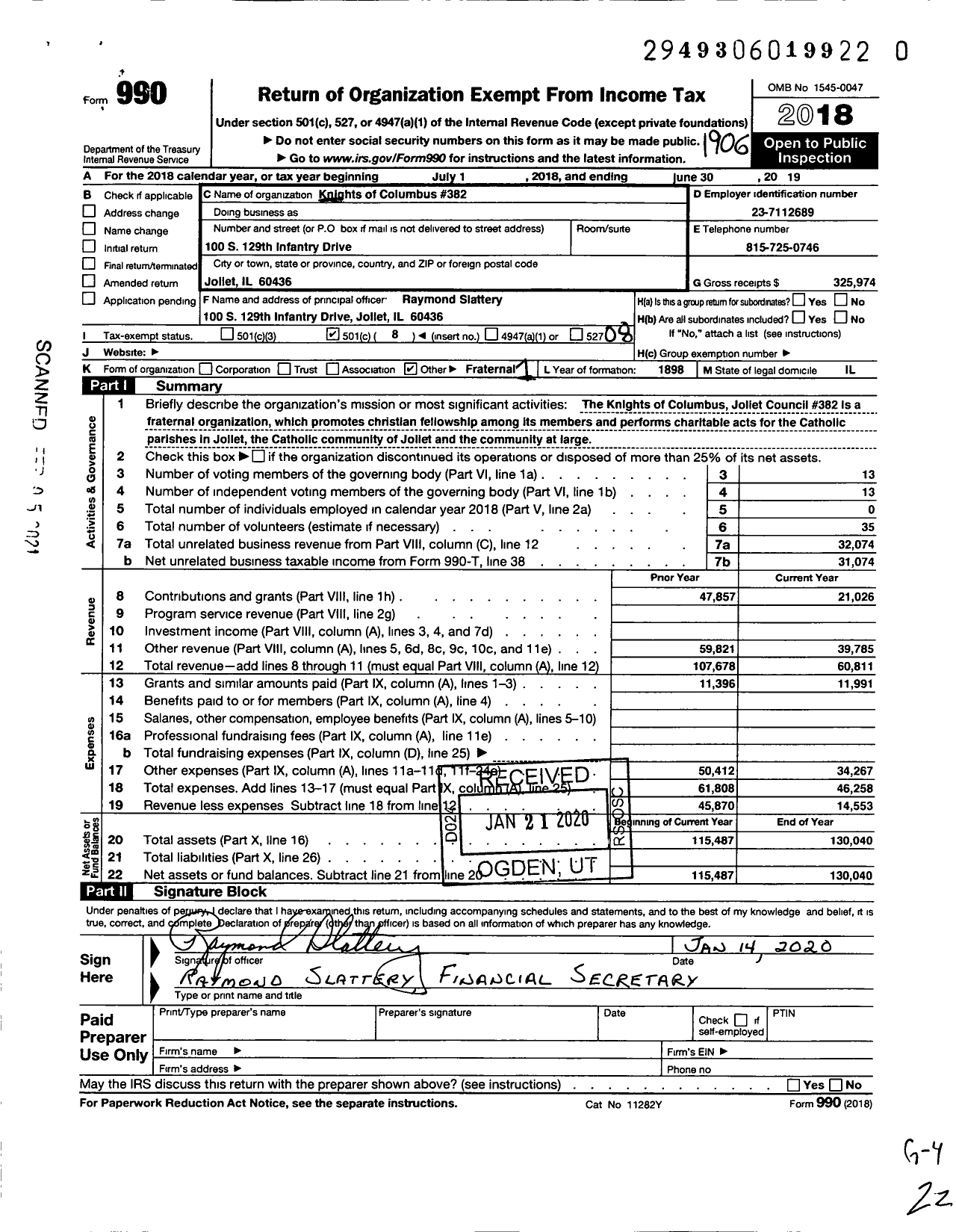 Image of first page of 2018 Form 990O for Knights of Columbus 382 Joliet