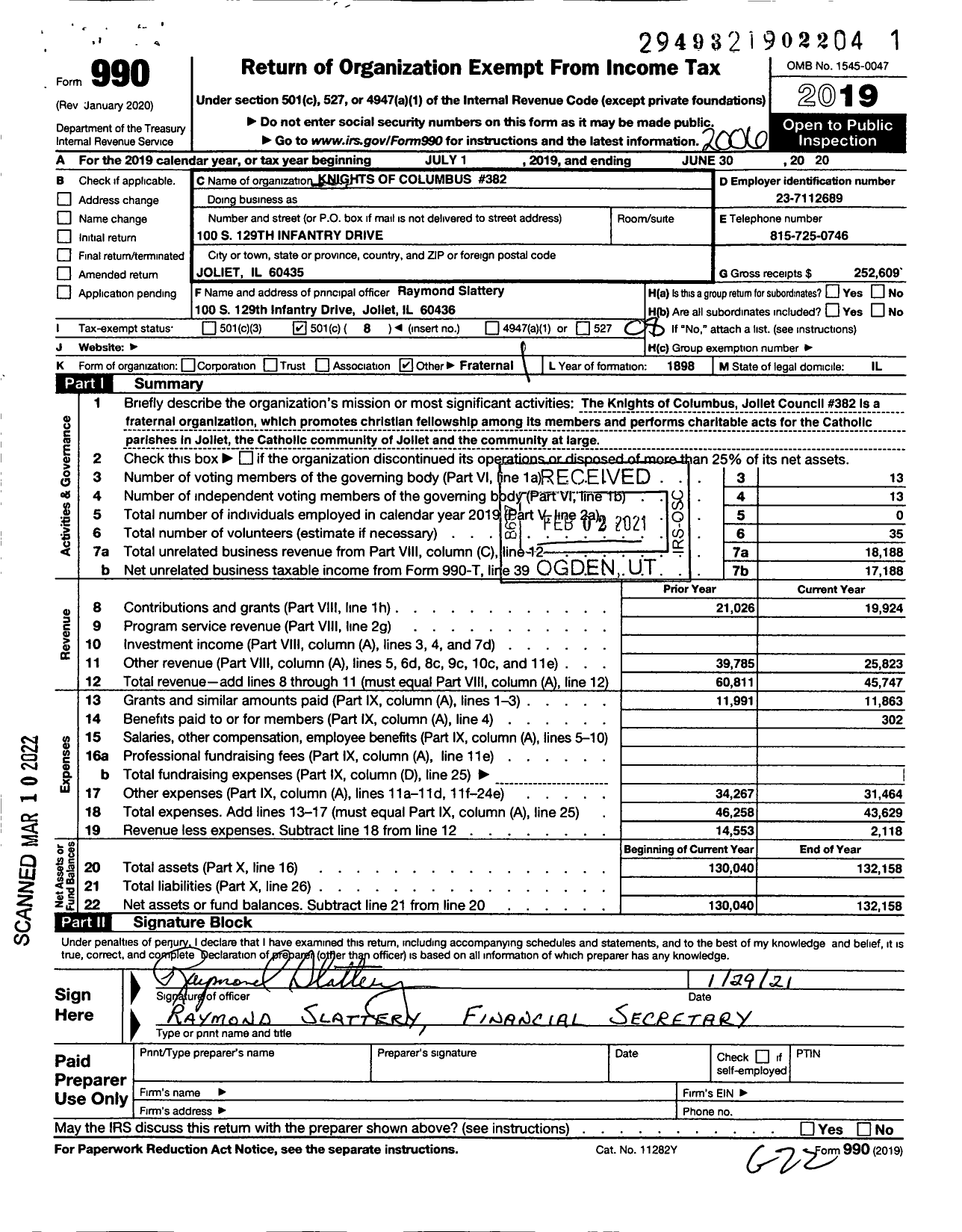 Image of first page of 2019 Form 990O for Knights of Columbus 382 Joliet