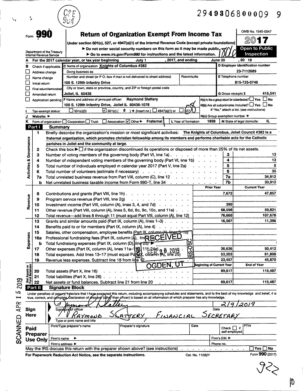 Image of first page of 2017 Form 990O for Knights of Columbus 382 Joliet