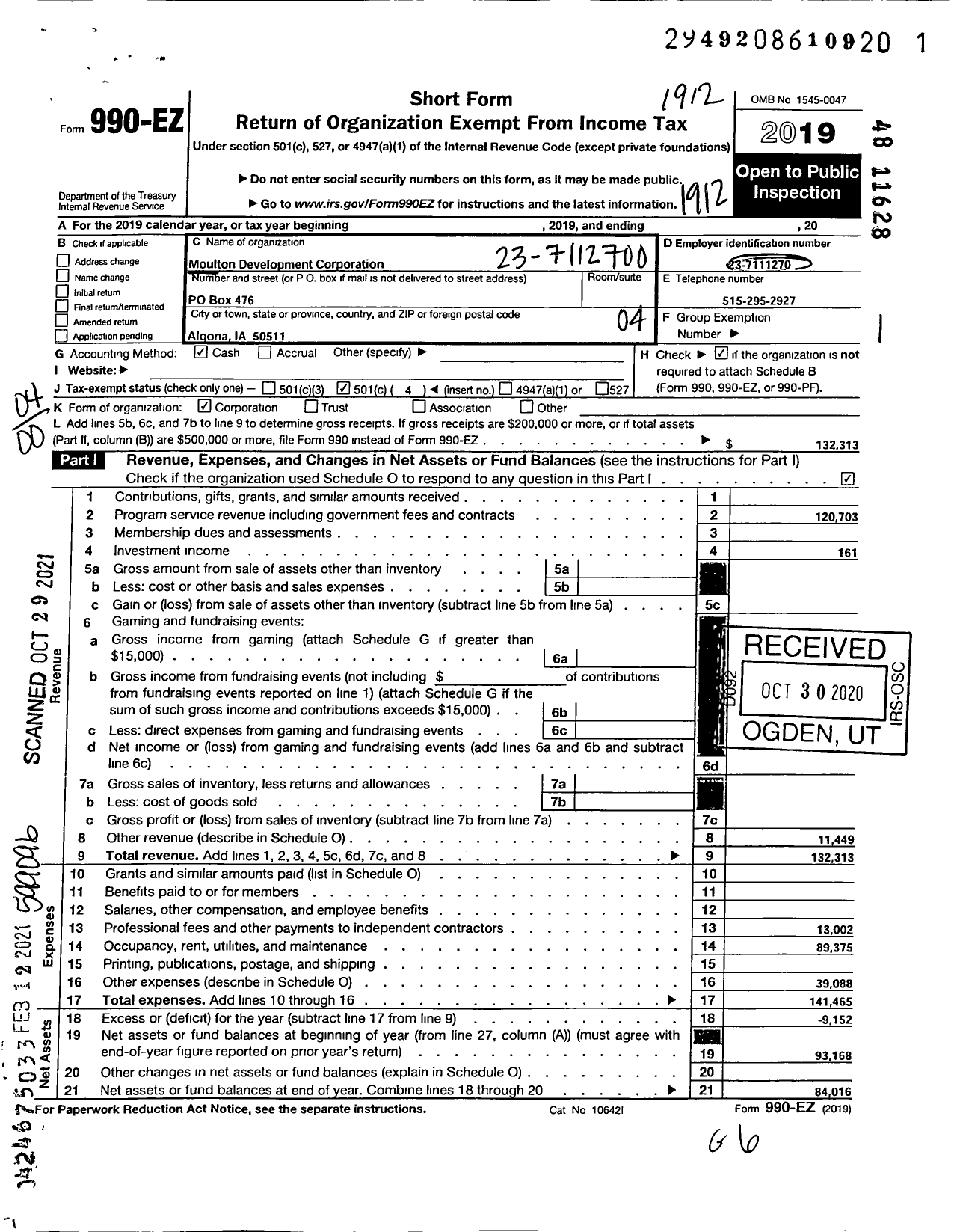 Image of first page of 2019 Form 990EO for Moulton Development Corporation