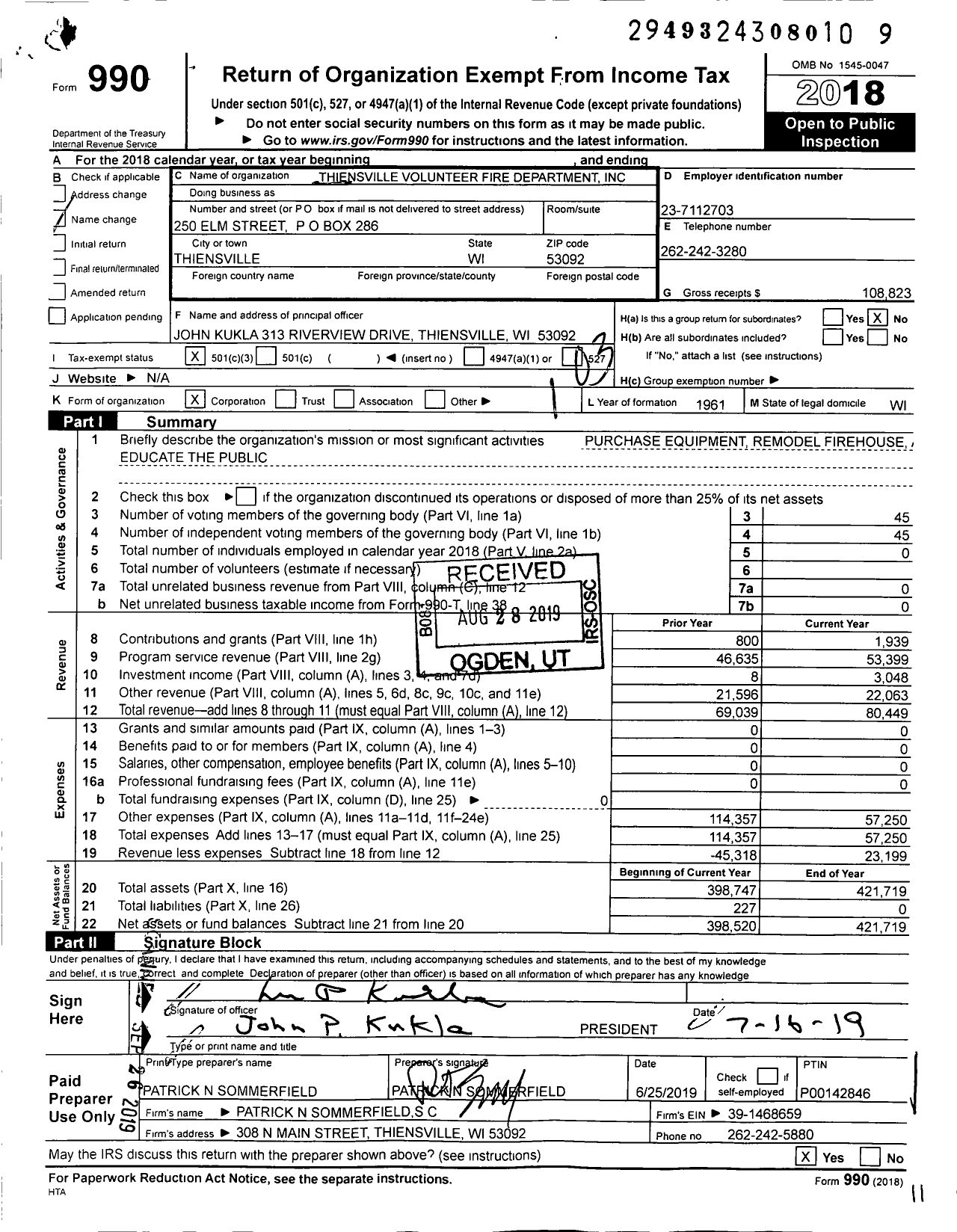 Image of first page of 2018 Form 990 for Thiensville Volunteer Fire Department