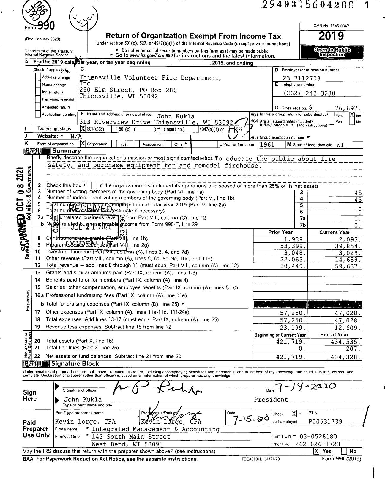 Image of first page of 2019 Form 990 for Thiensville Volunteer Fire Department