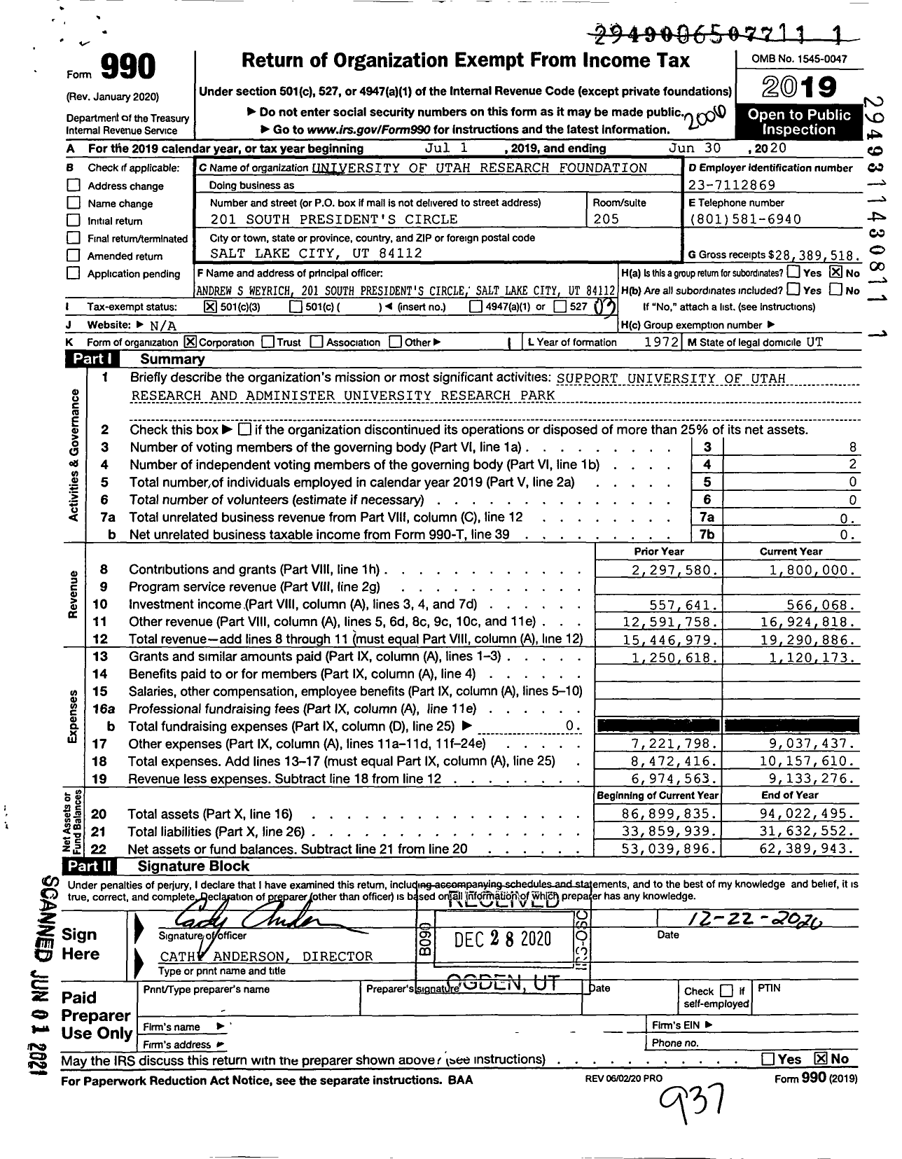 Image of first page of 2019 Form 990 for University of Utah Research Foundation