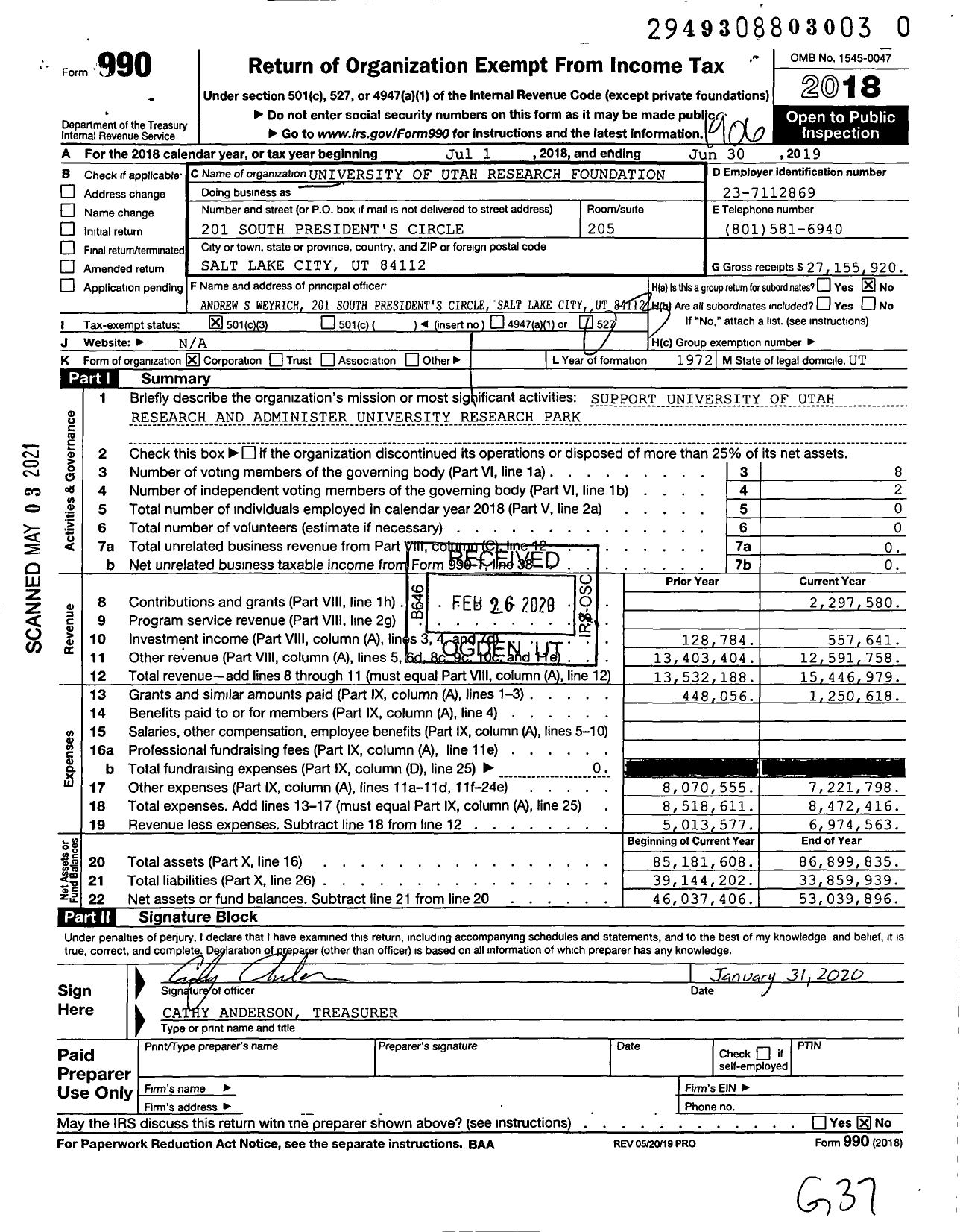 Image of first page of 2018 Form 990 for University of Utah Research Foundation