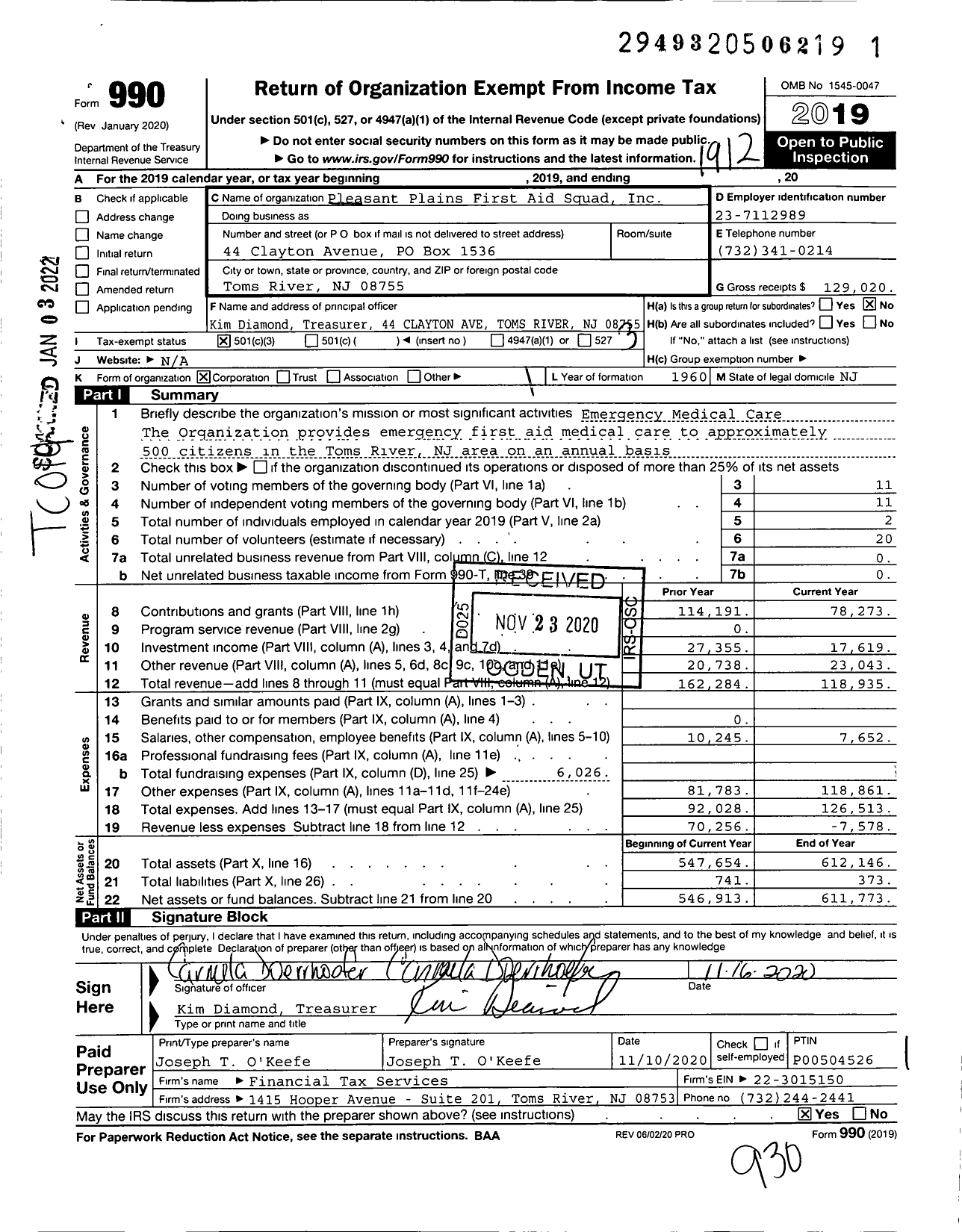 Image of first page of 2019 Form 990 for Pleasant Plains First Aid Squad