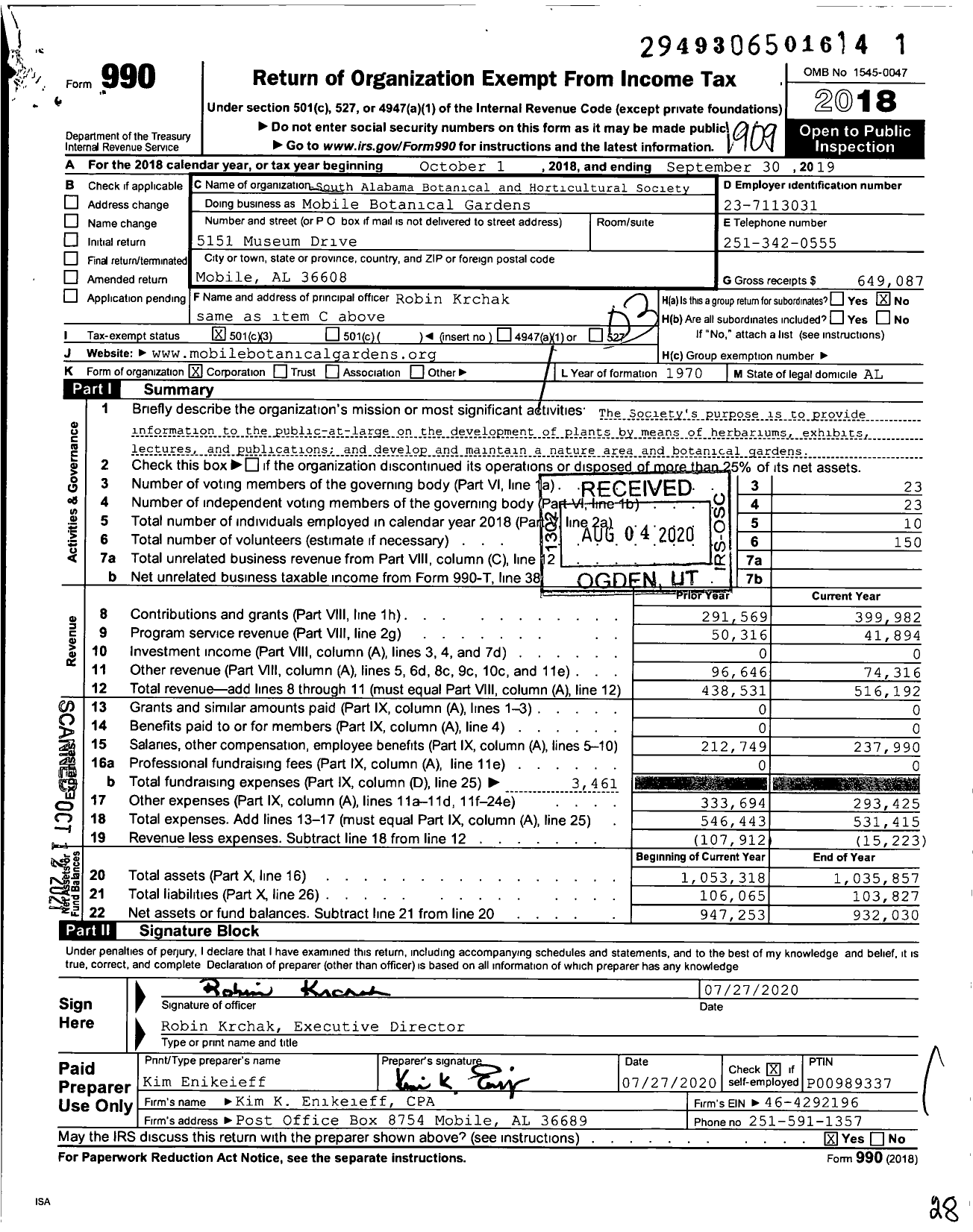 Image of first page of 2018 Form 990 for Mobile Botanical Gardens