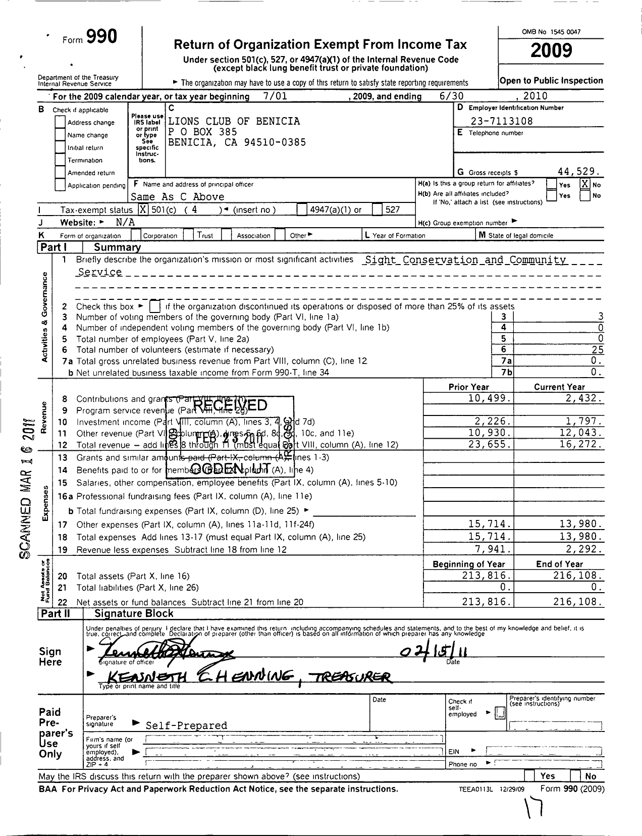 Image of first page of 2009 Form 990O for Lions Club of Benicia