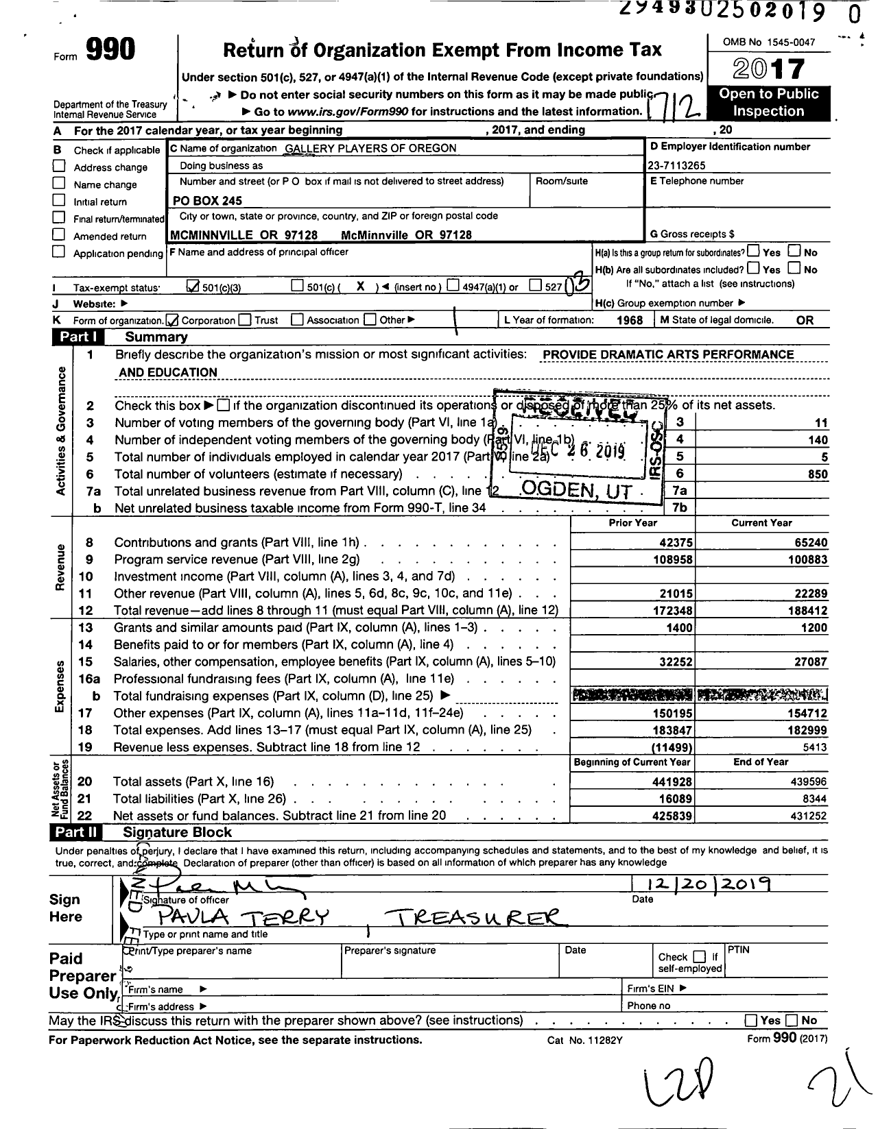 Image of first page of 2017 Form 990 for Gallery Players of Oregon