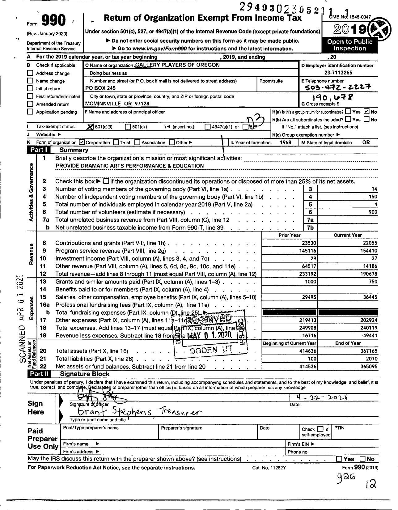 Image of first page of 2019 Form 990 for Gallery Players of Oregon