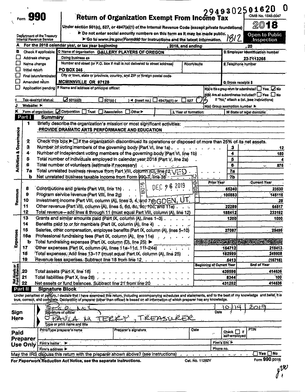 Image of first page of 2018 Form 990 for Gallery Players of Oregon