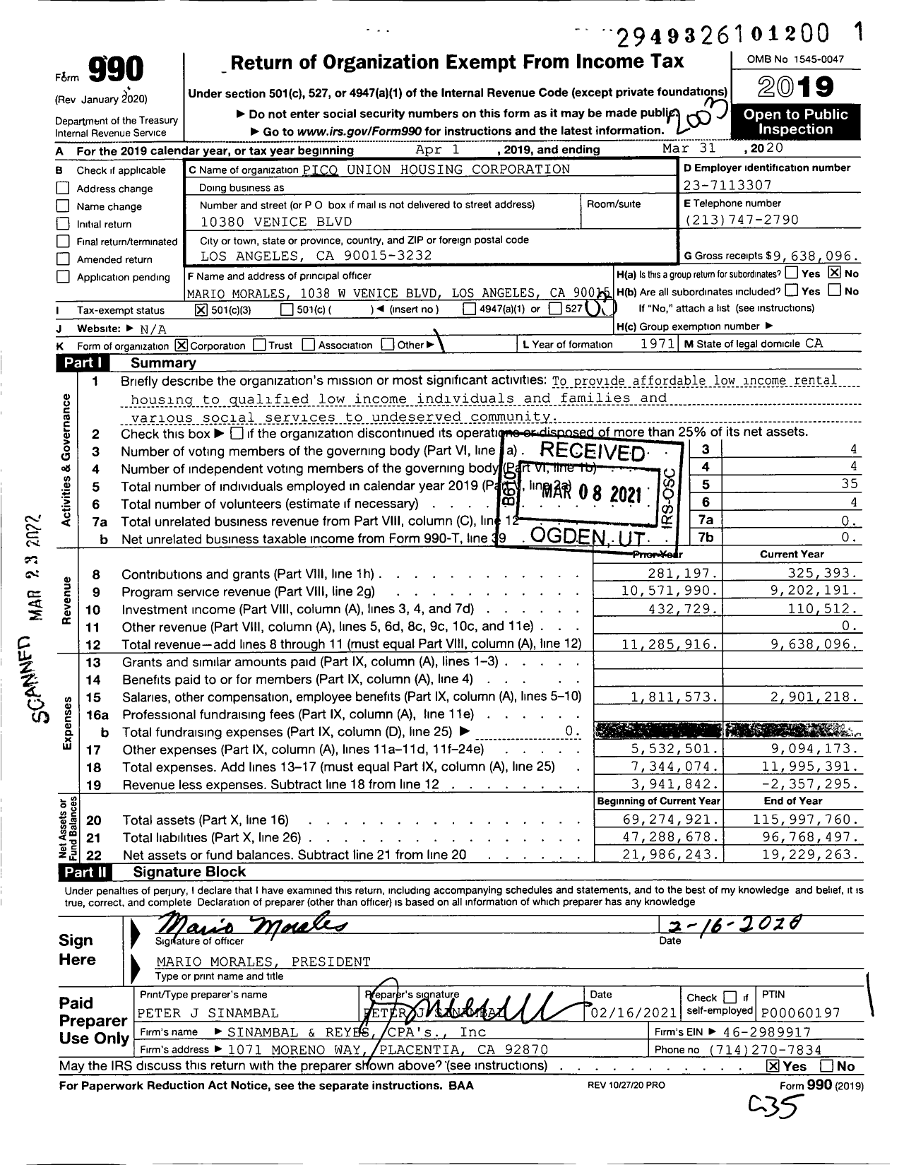 Image of first page of 2019 Form 990 for Pico-Union Housing Corporation