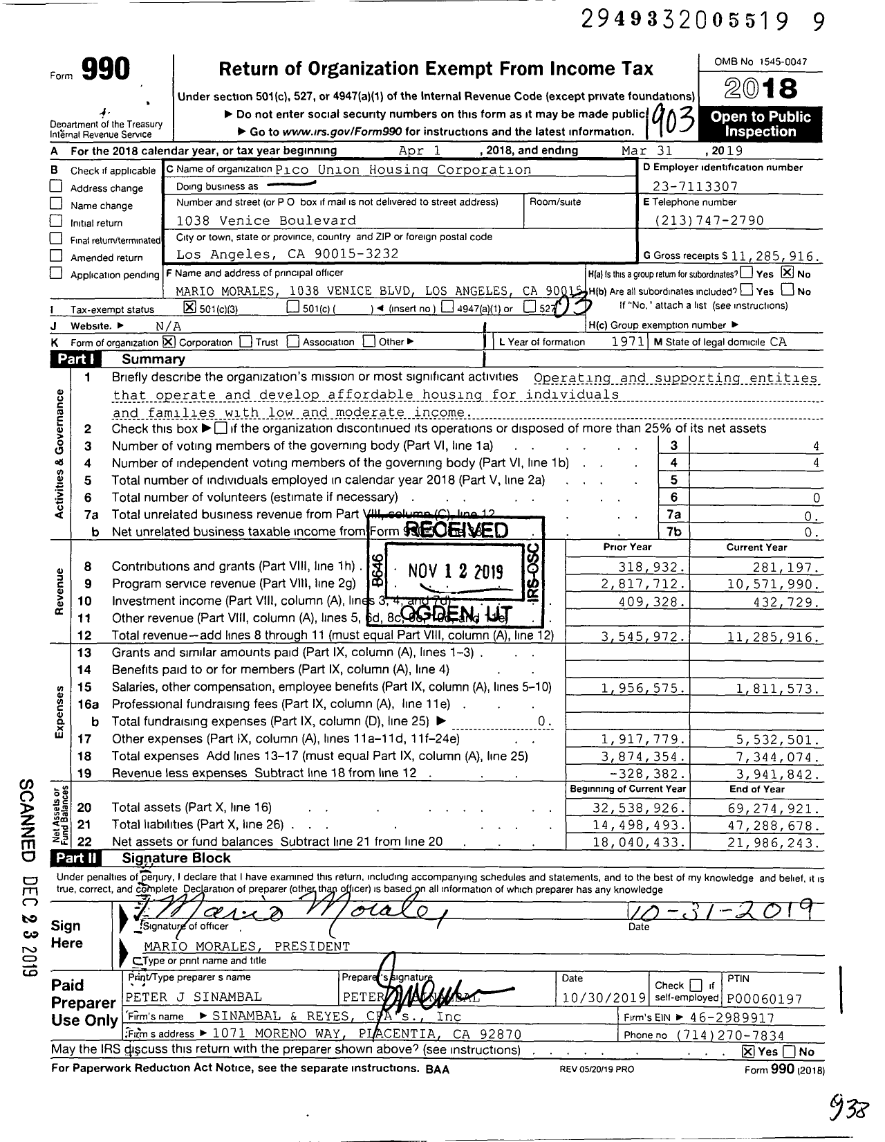 Image of first page of 2018 Form 990 for Pico-Union Housing Corporation