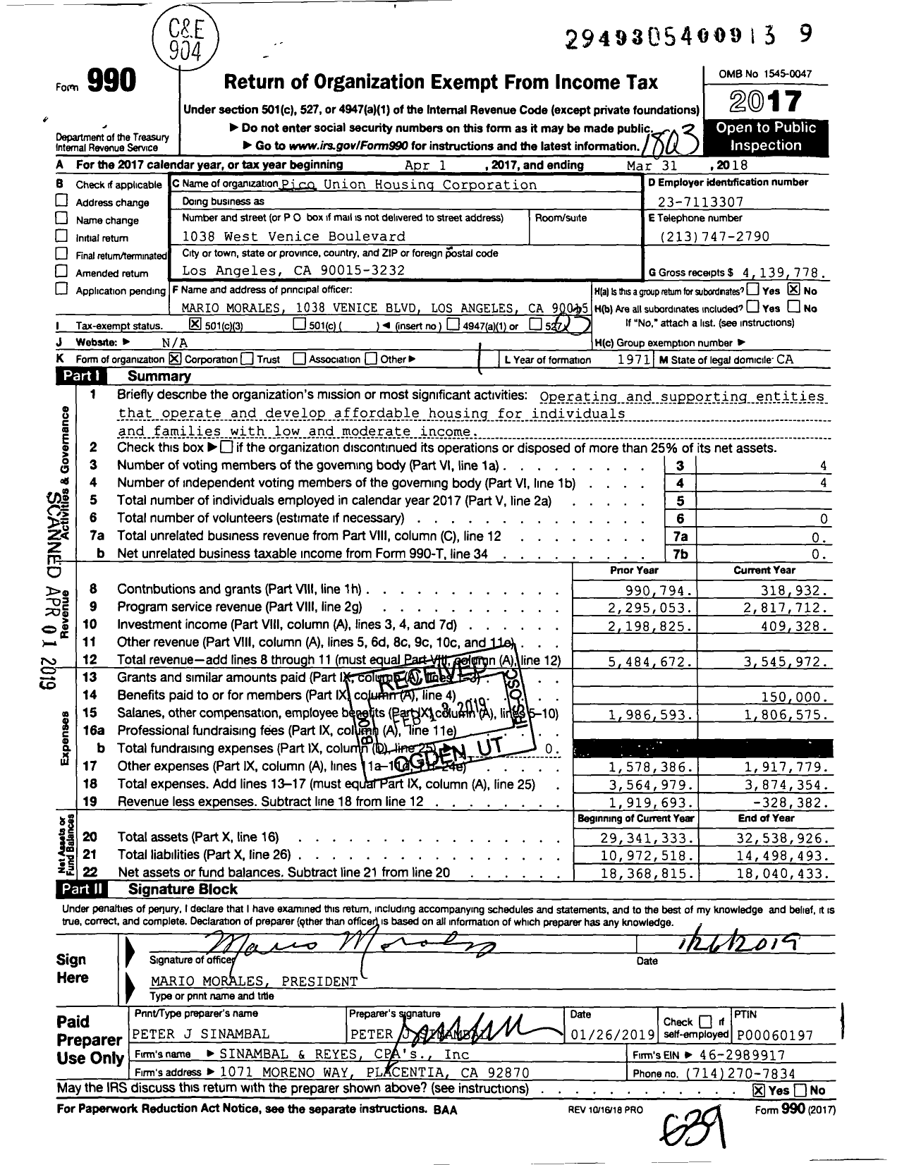 Image of first page of 2017 Form 990 for Pico-Union Housing Corporation