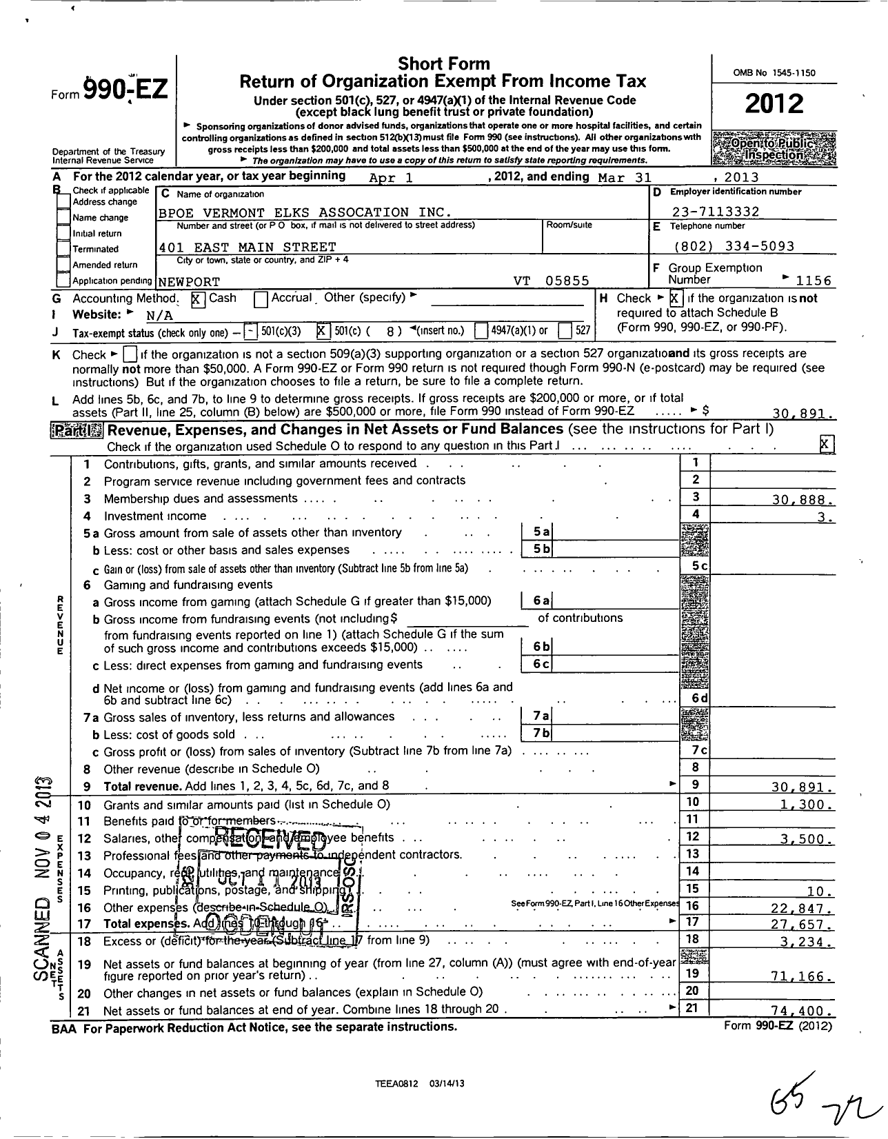 Image of first page of 2012 Form 990EO for Benevolent and Protective Order of Elks - Vermont Elks Association