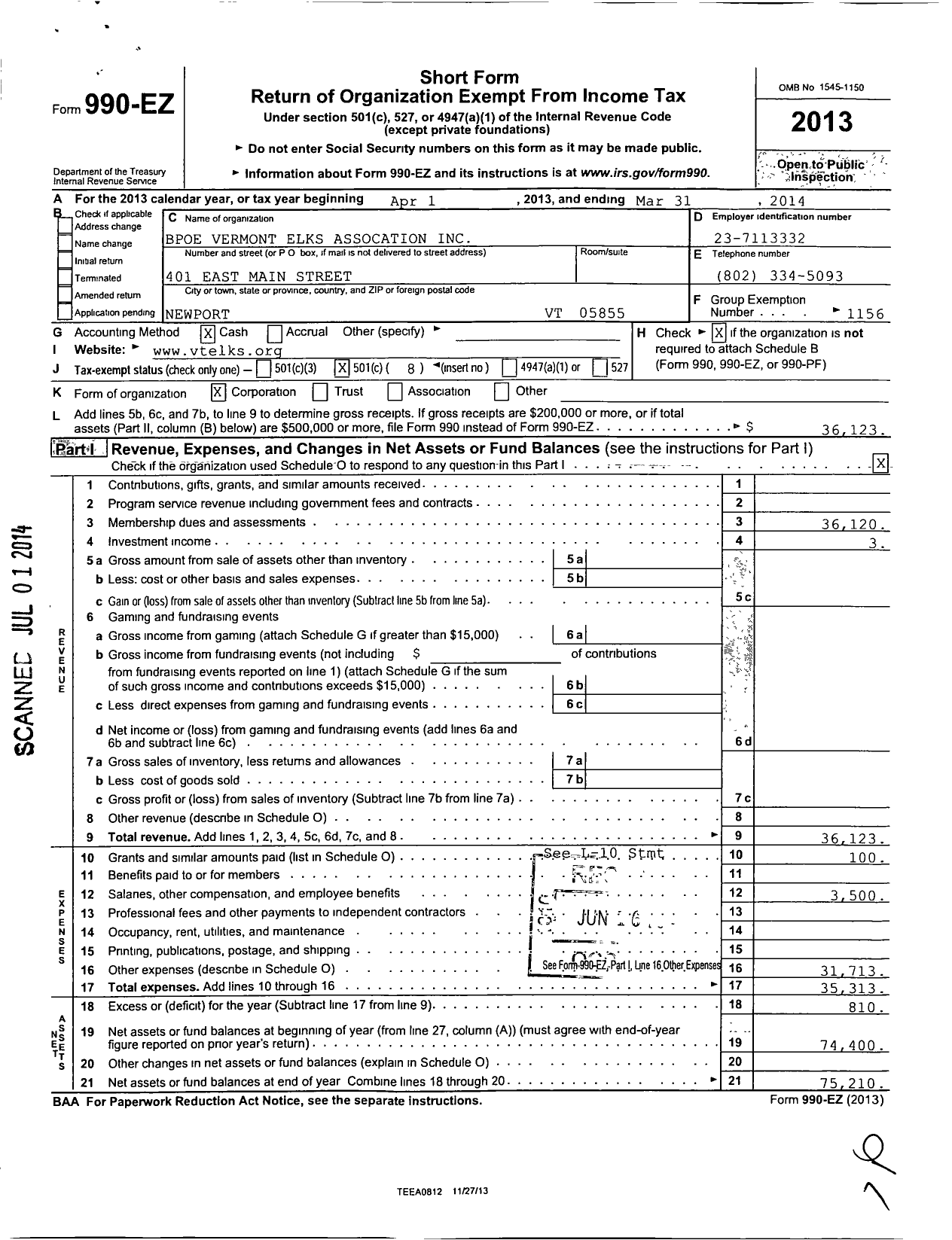 Image of first page of 2013 Form 990EO for Benevolent and Protective Order of Elks - Vermont Elks Association