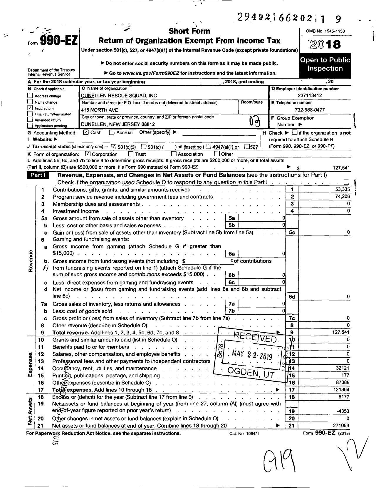 Image of first page of 2018 Form 990EZ for Dunellen Rescue Squad